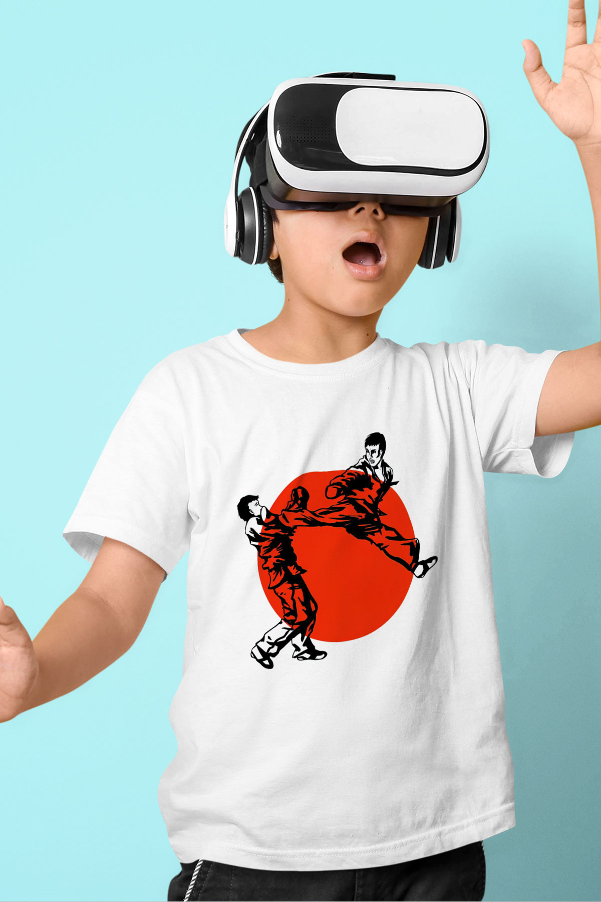 Karate Temalı Baskılı Beyaz  Çocuk Tişört