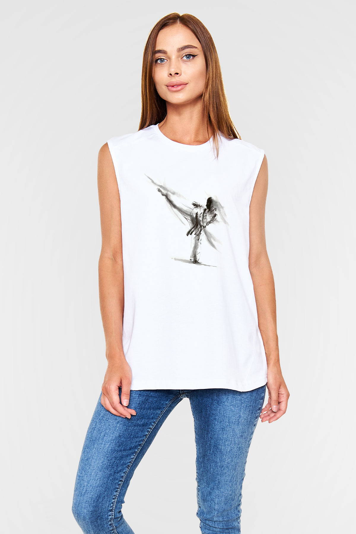 Karate Temalı Baskılı Beyaz  Kolsuz Tişört