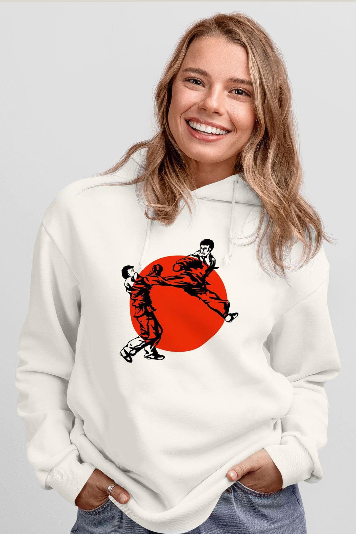 Karate Temalı Beyaz  Unisex Hoodie