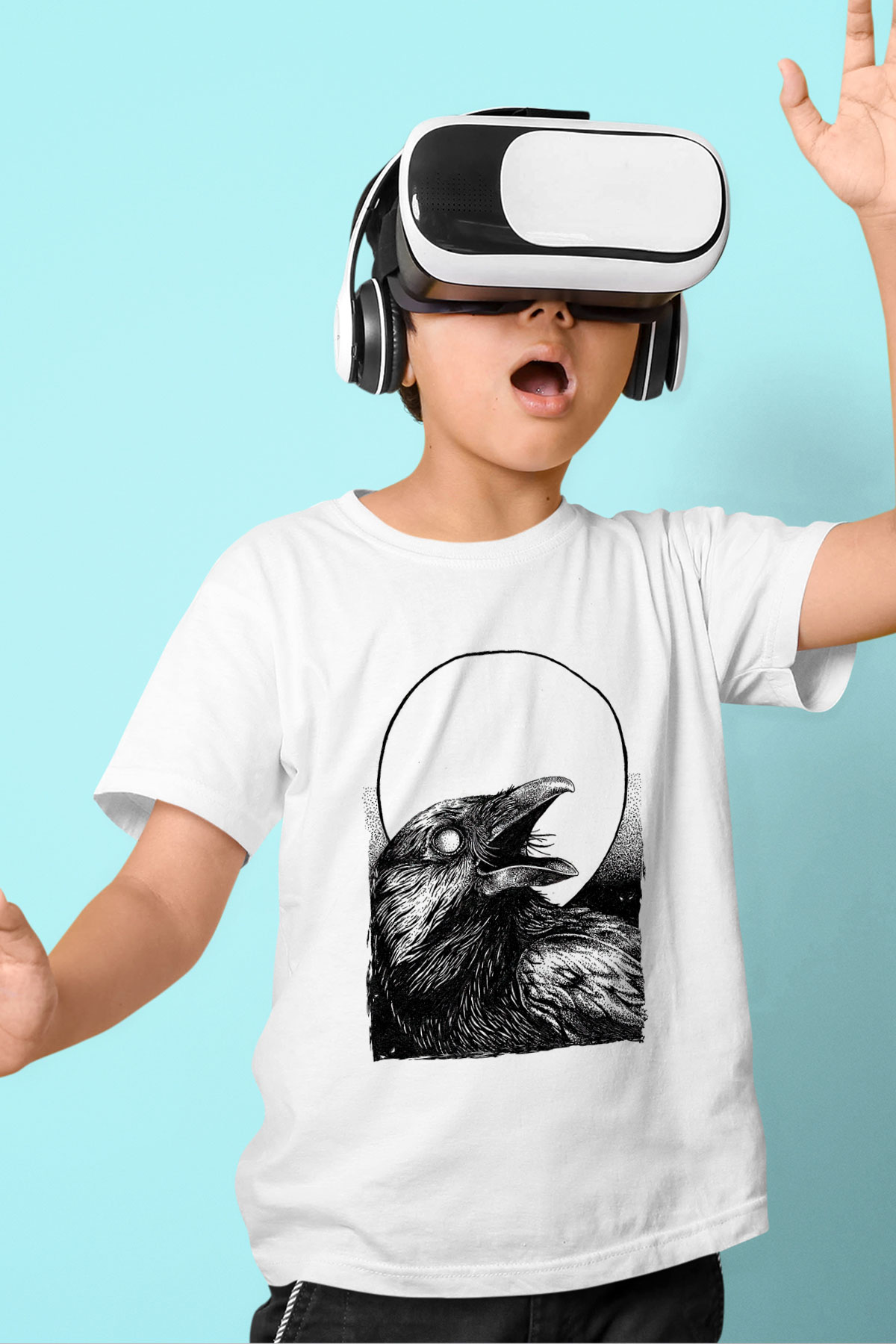 Karga Baskılı Beyaz Unisex Beyaz Çocuk Tişört - Tshirt