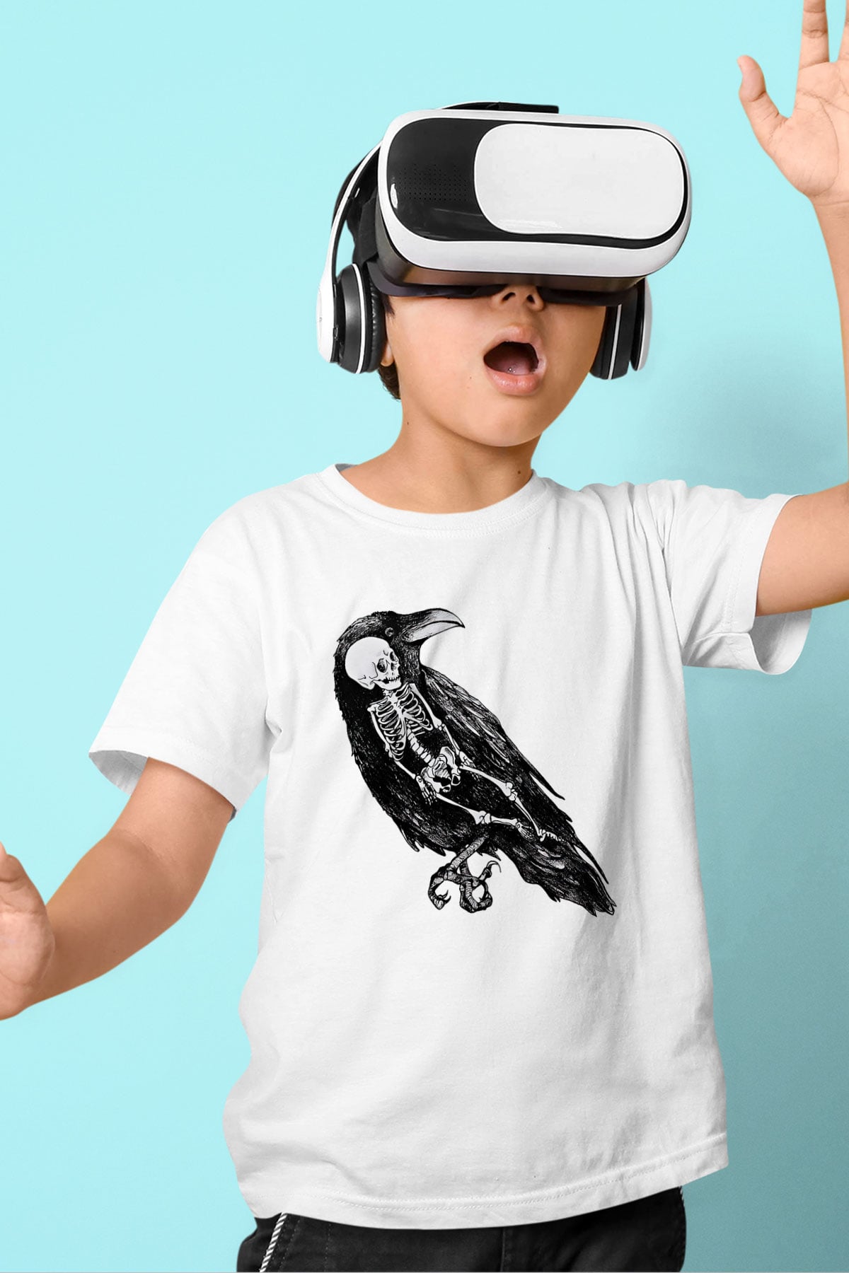 Karga Baskılı Beyaz Unisex Beyaz Çocuk Tişört - Tshirt