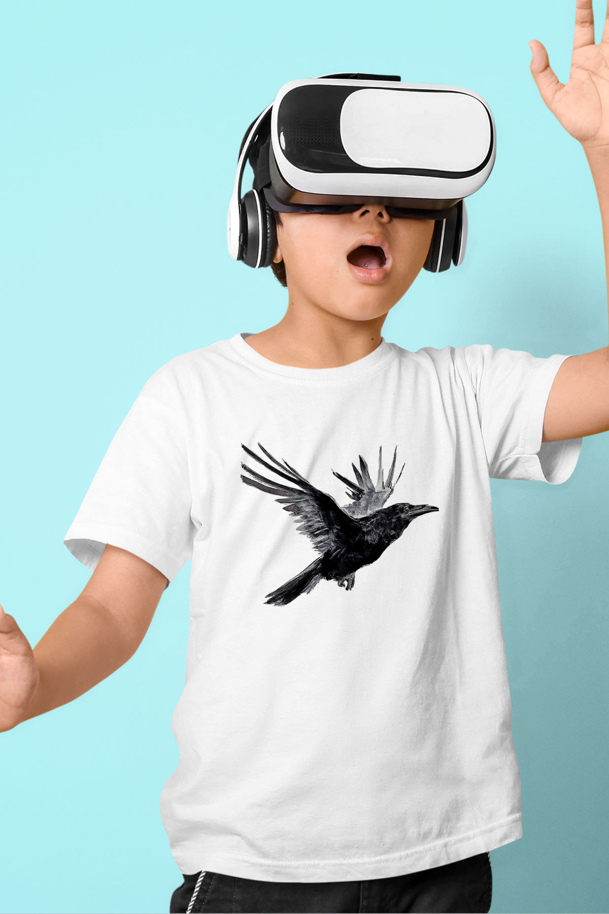Karga Baskılı Beyaz Unisex Beyaz Çocuk Tişört - Tshirt
