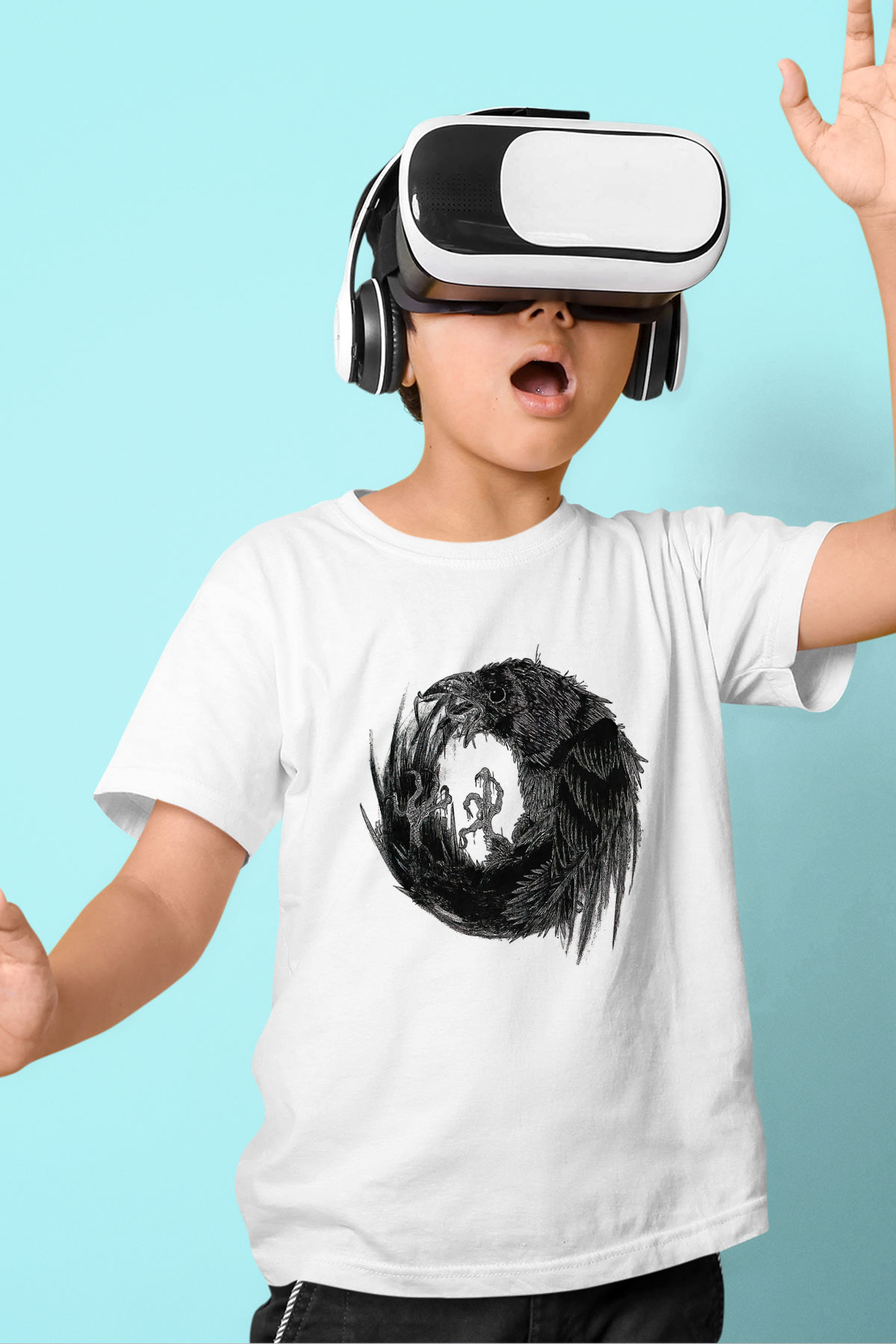 Karga Baskılı Beyaz Unisex Beyaz Çocuk Tişört - Tshirt