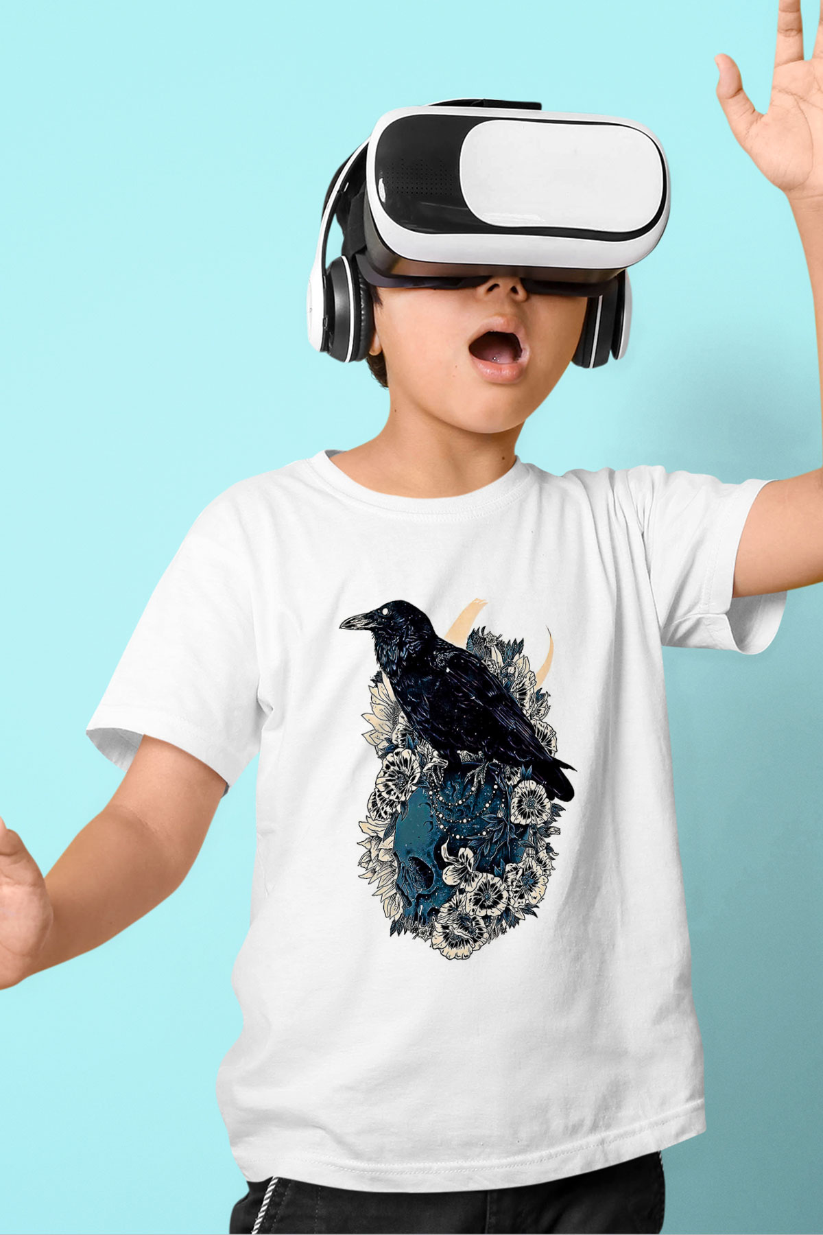 Karga Baskılı Beyaz Unisex Beyaz Çocuk Tişört - Tshirt