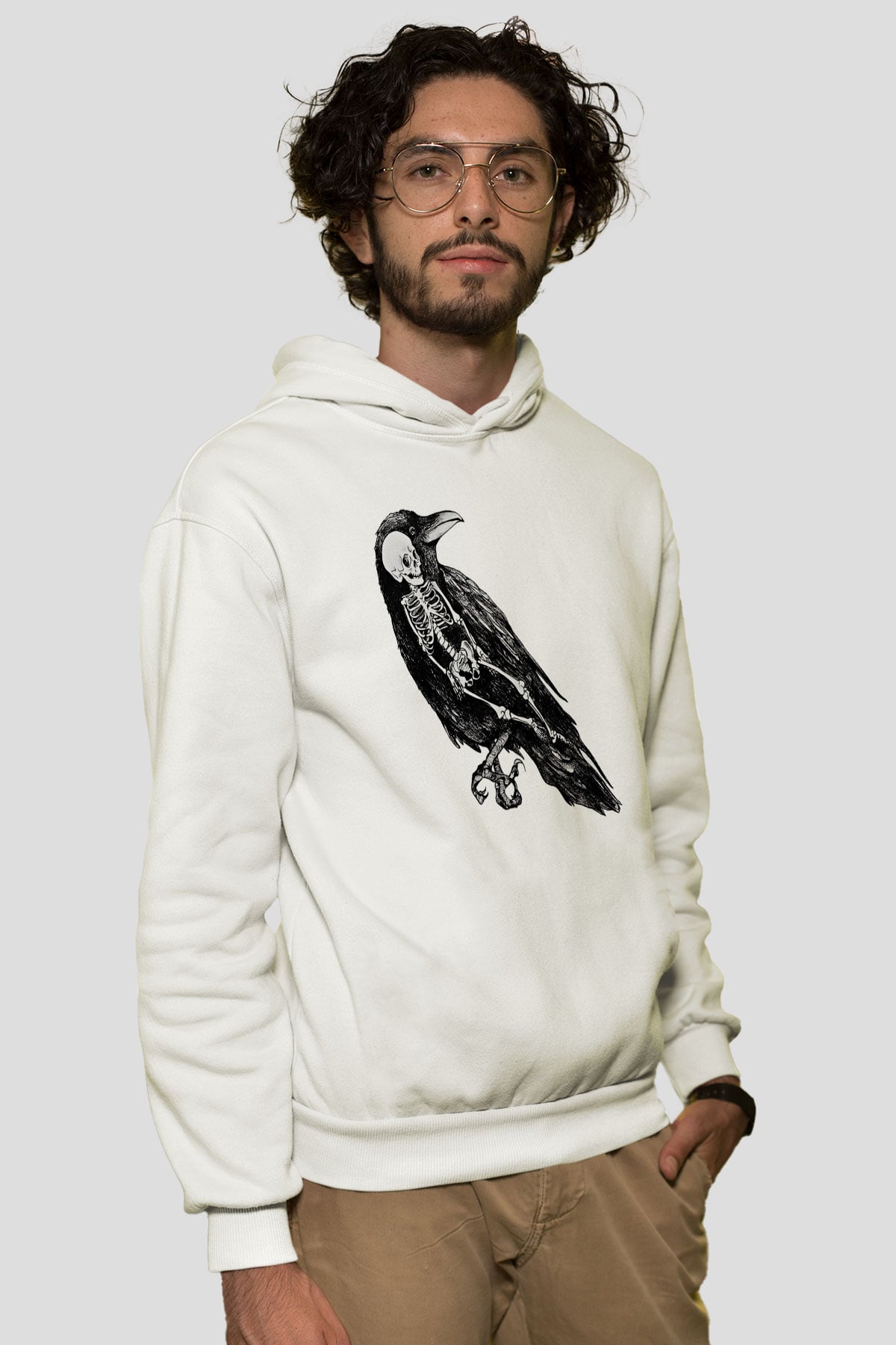 Karga Baskılı Beyaz Unisex Hoodie