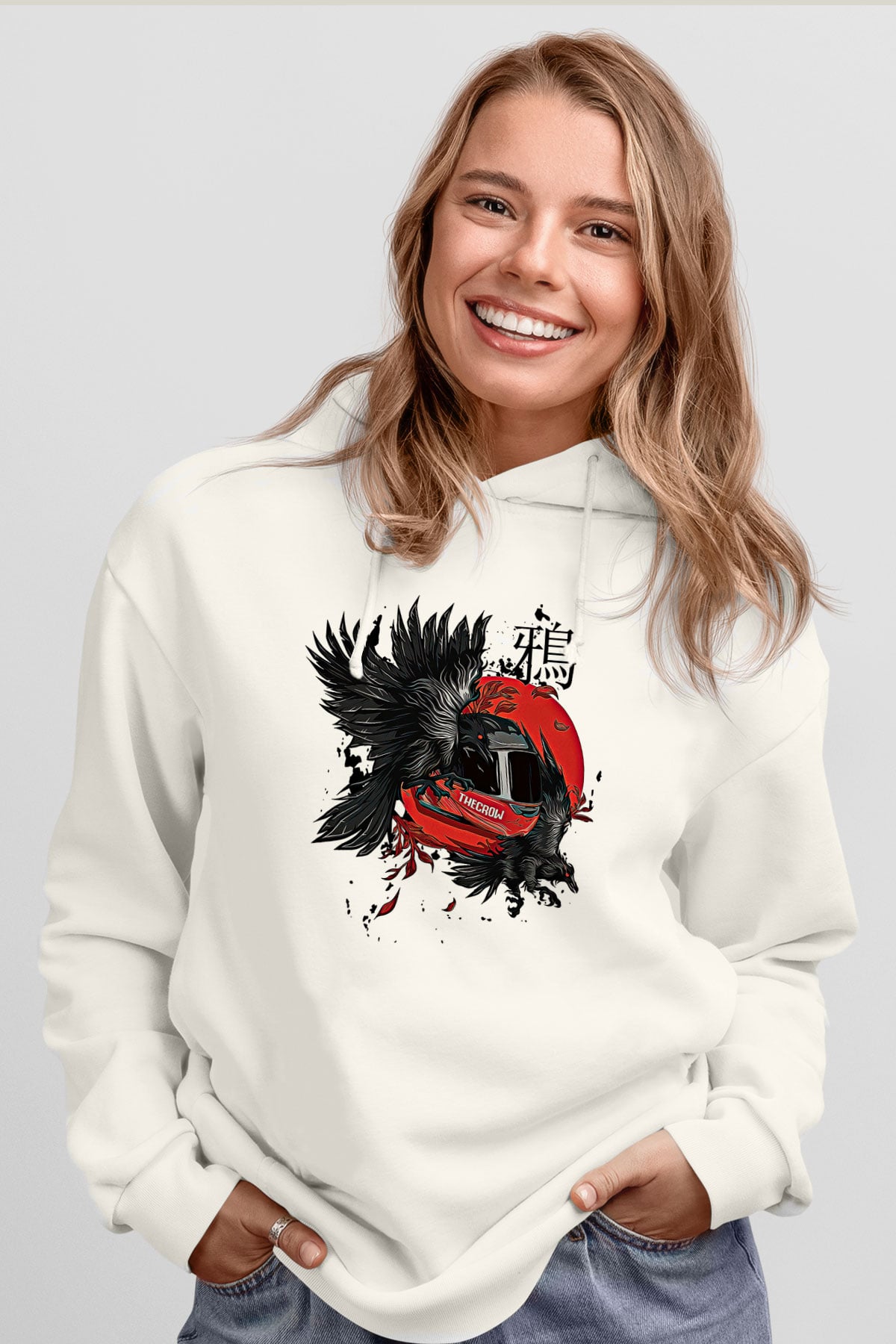 Karga Baskılı Beyaz Unisex Hoodie