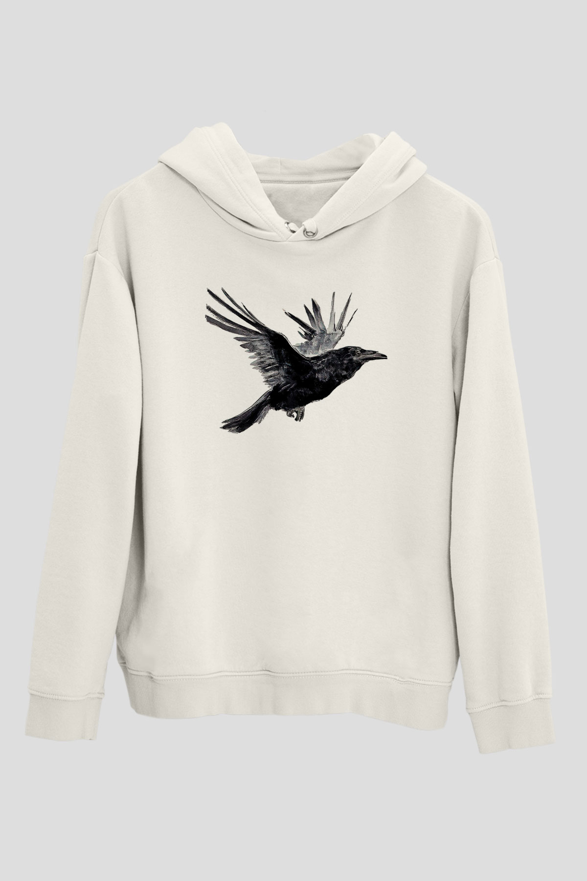 Karga Baskılı Beyaz Unisex Hoodie