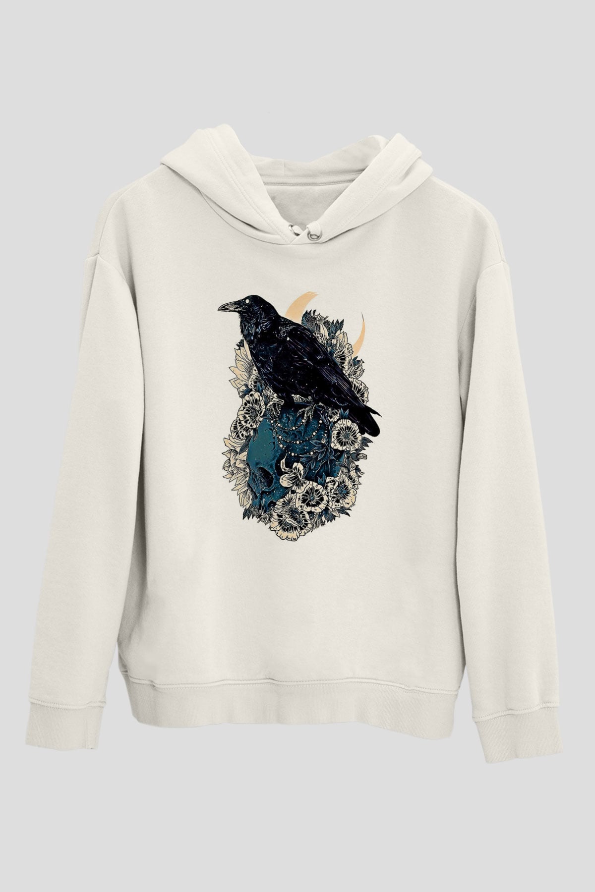 Karga Baskılı Beyaz Unisex Hoodie