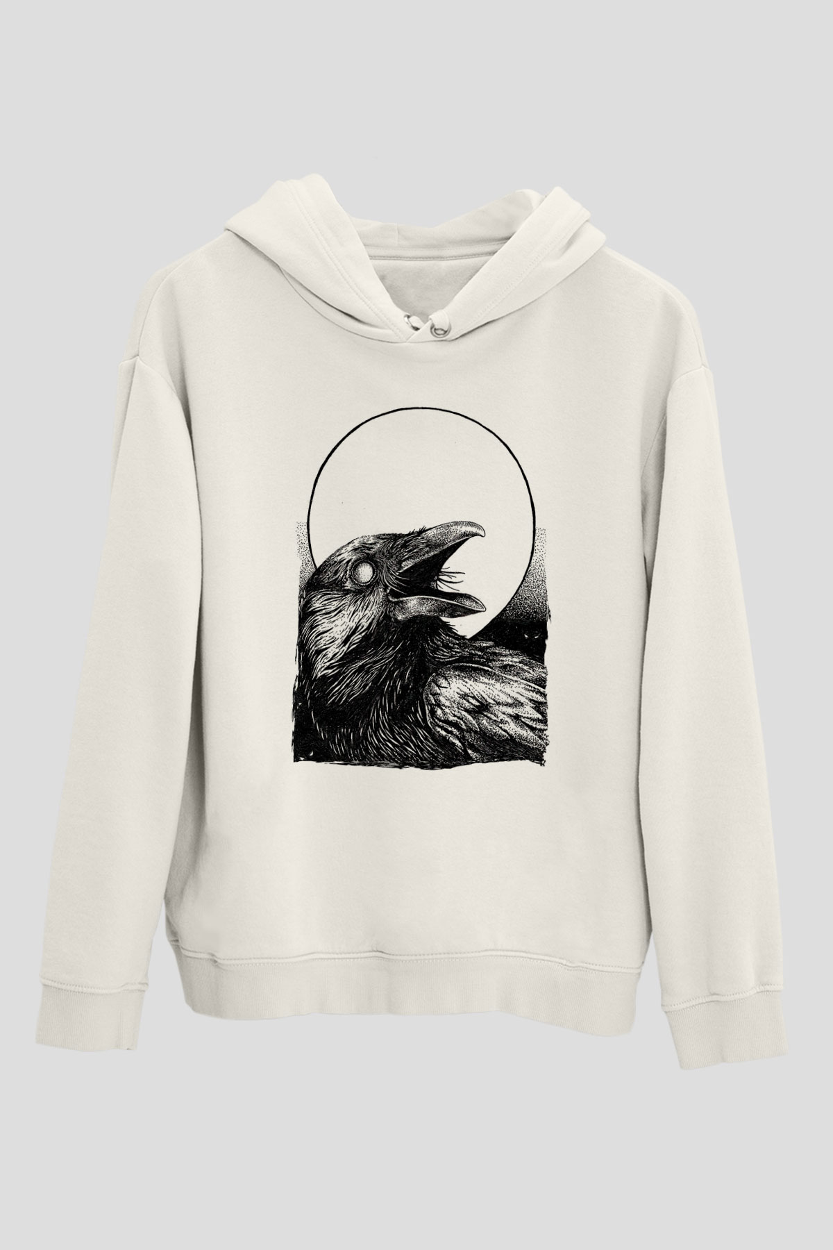 Karga Baskılı Beyaz Unisex Hoodie