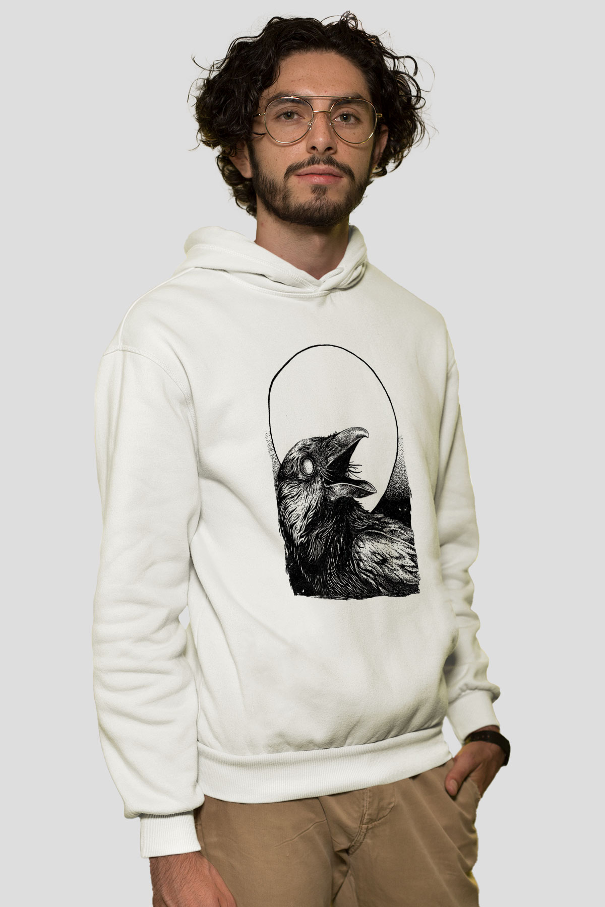 Karga Baskılı Beyaz Unisex Hoodie