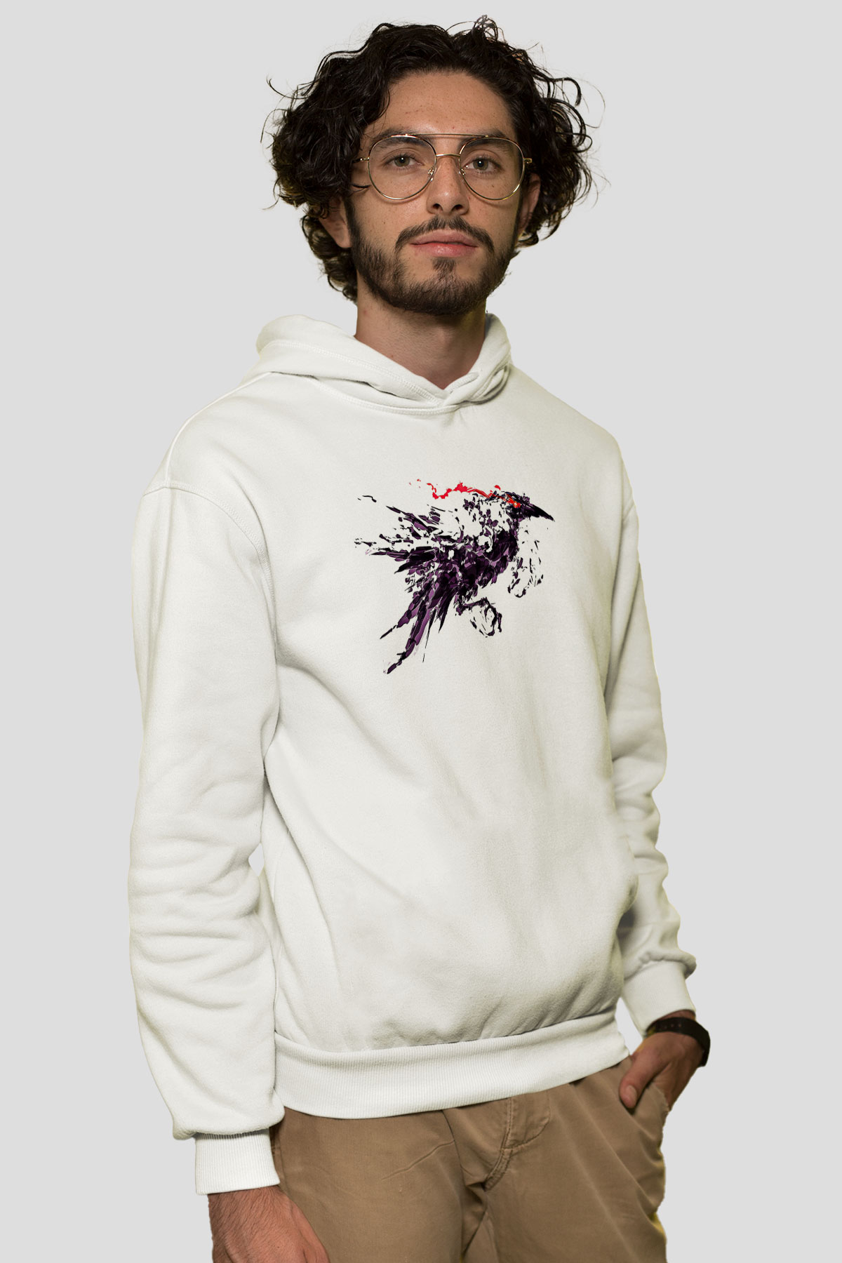 Karga Baskılı Beyaz Unisex Hoodie