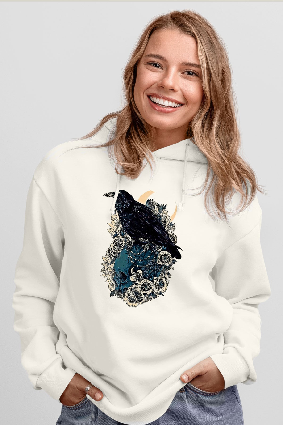 Karga Baskılı Beyaz Unisex Hoodie