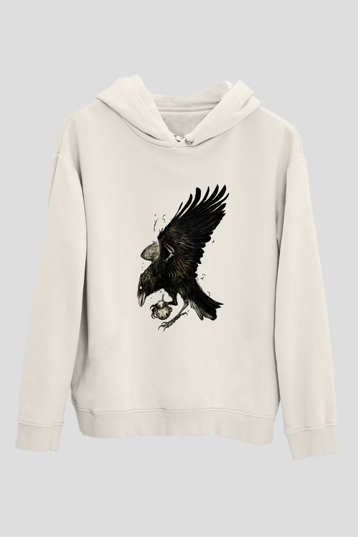 Karga Baskılı Beyaz Unisex Hoodie