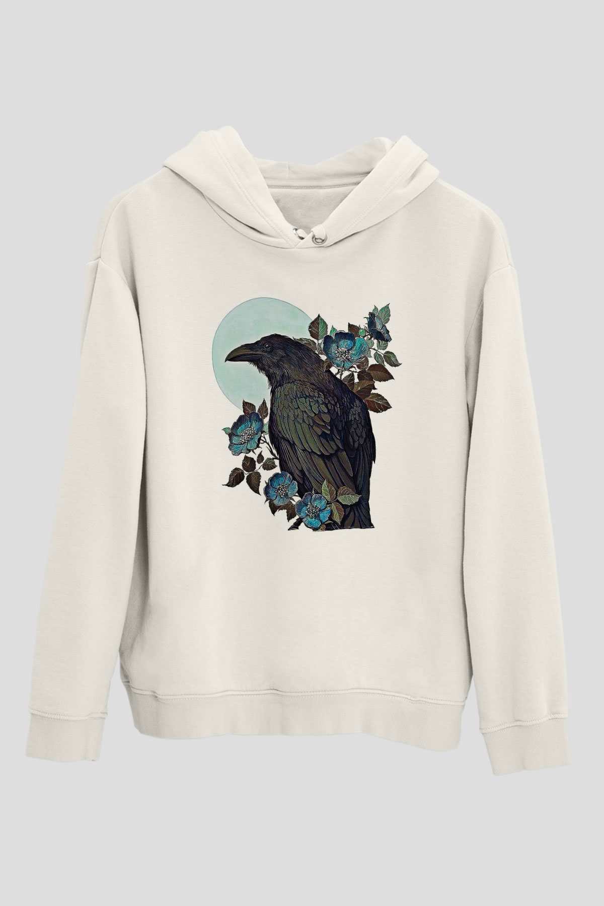 Karga Baskılı Beyaz Unisex Hoodie