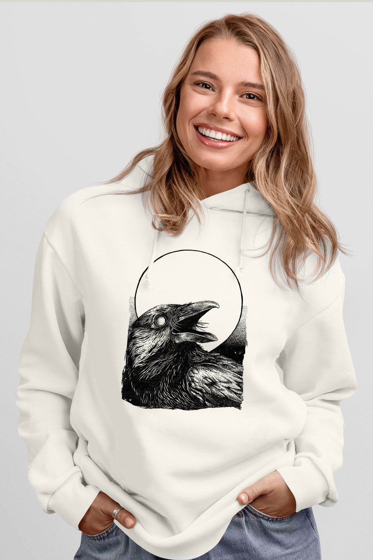 Karga Baskılı Beyaz Unisex Hoodie