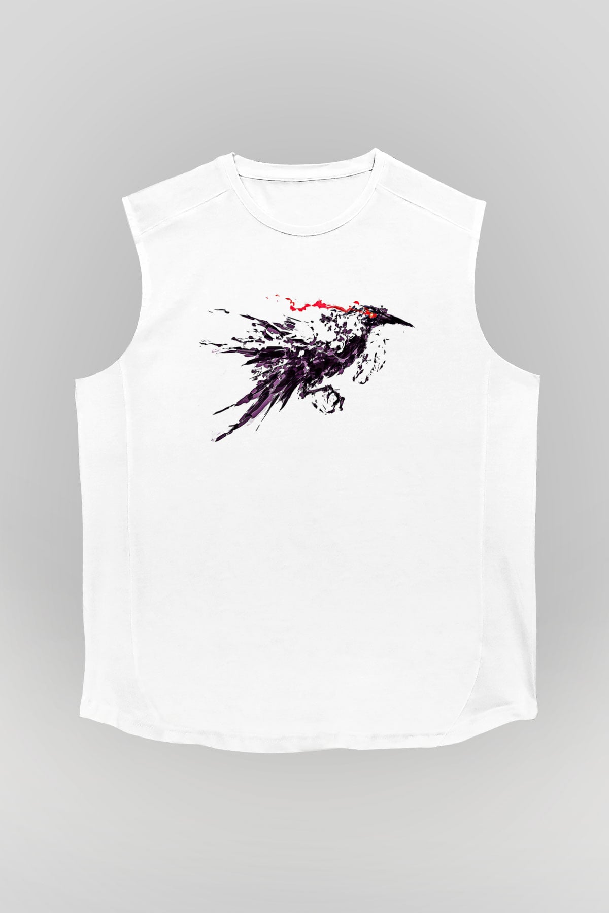 Karga Baskılı Beyaz Unisex Kolsuz Tişört - Tshirt