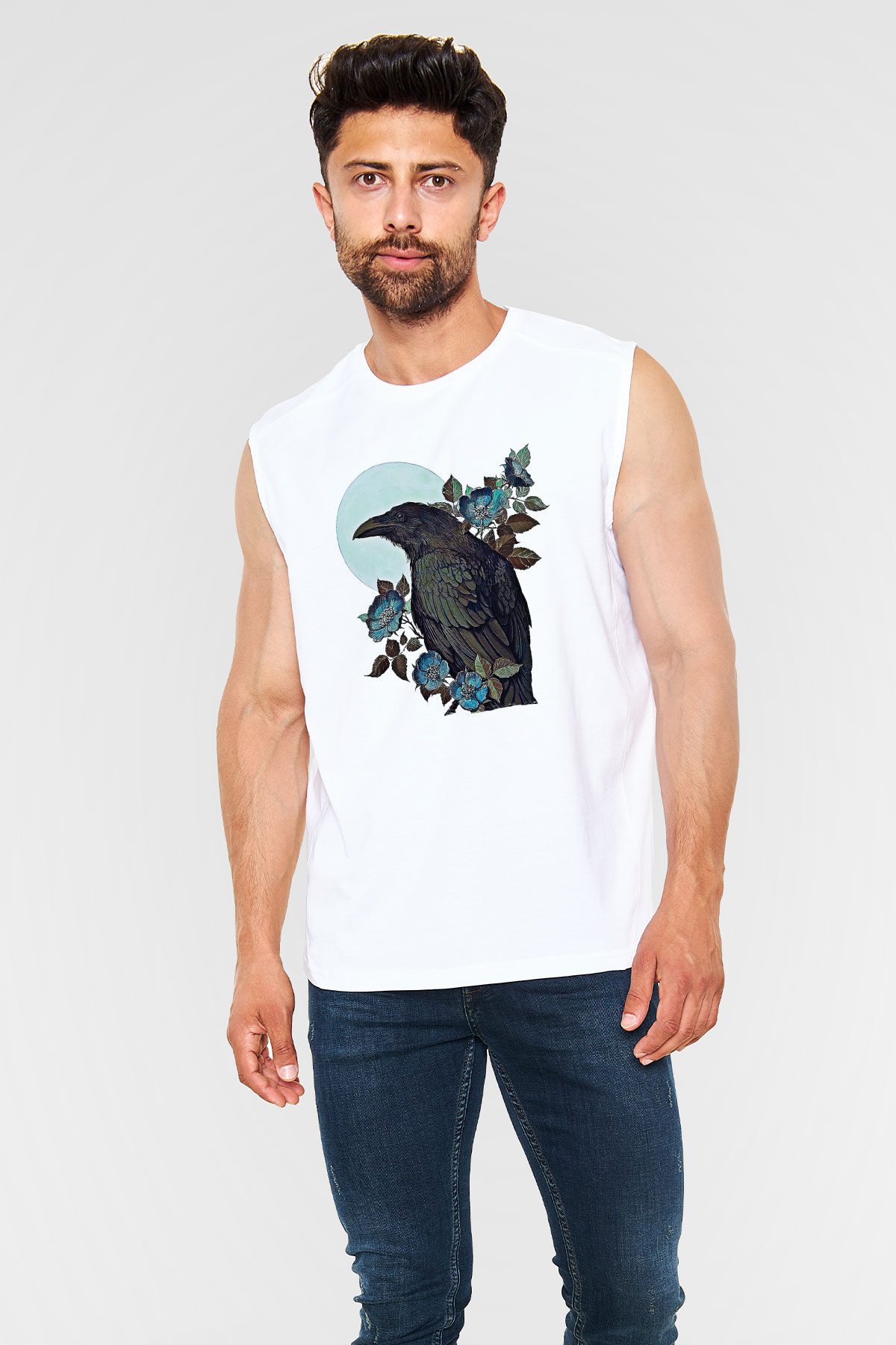 Karga Baskılı Beyaz Unisex Kolsuz Tişört - Tshirt