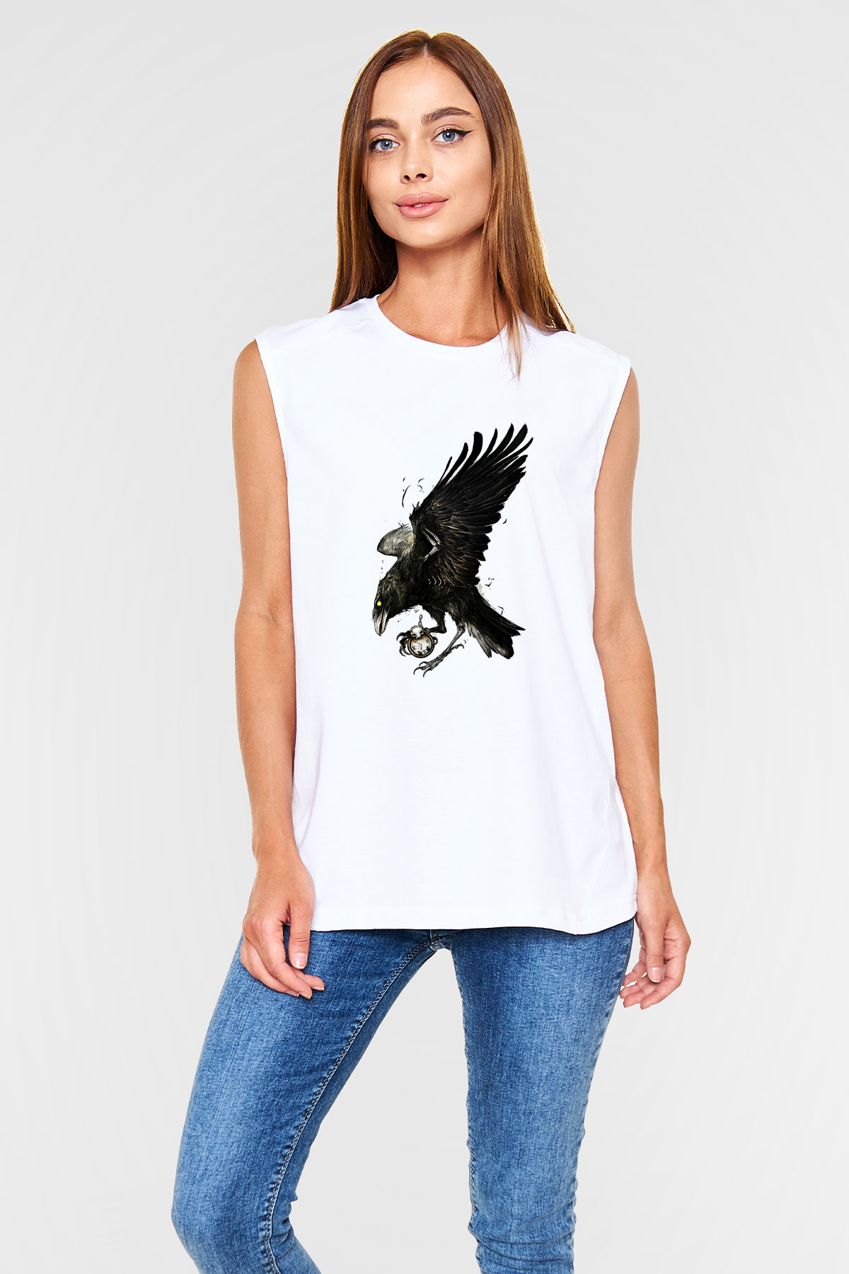 Karga Baskılı Beyaz Unisex Kolsuz Tişört - Tshirt