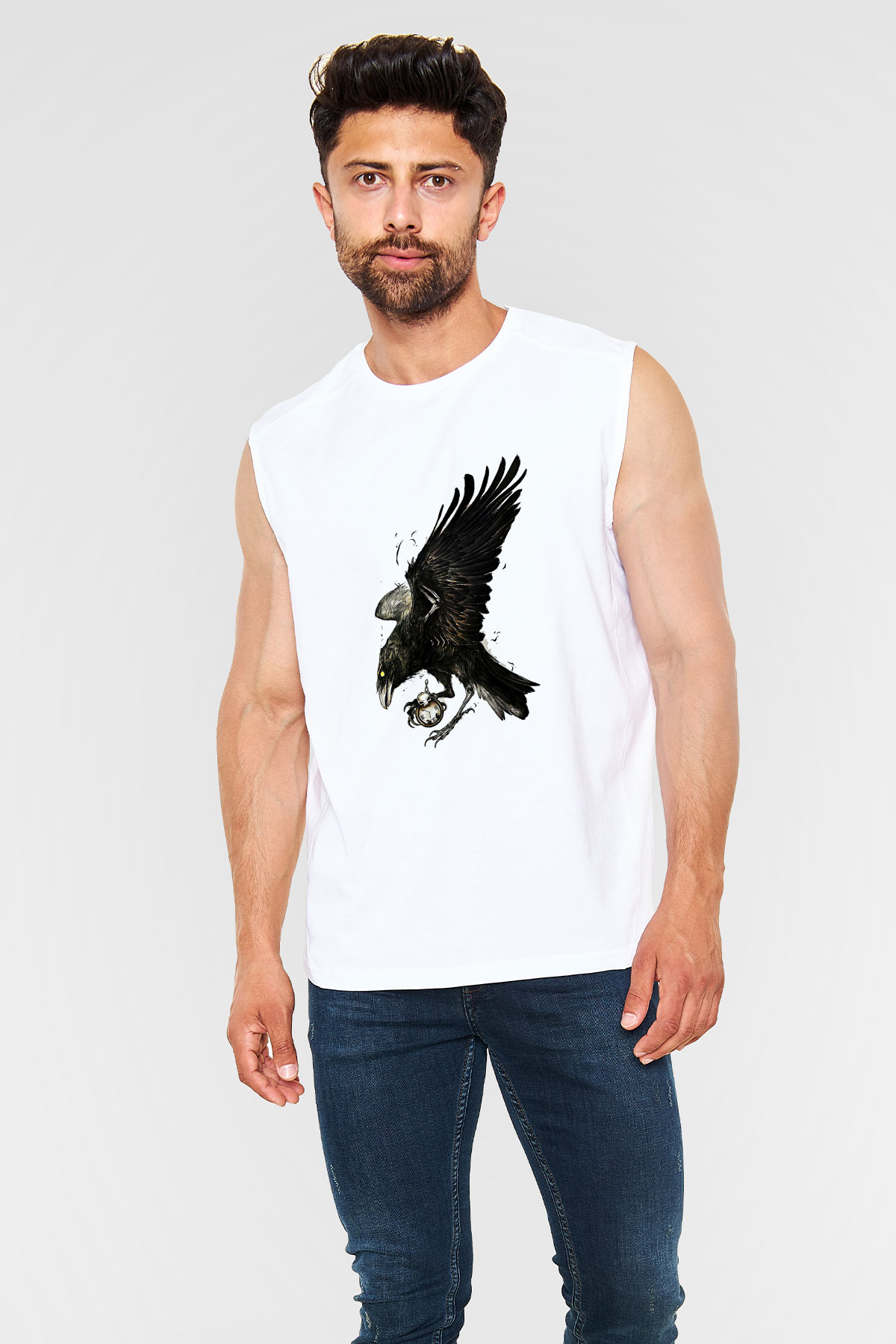 Karga Baskılı Beyaz Unisex Kolsuz Tişört - Tshirt