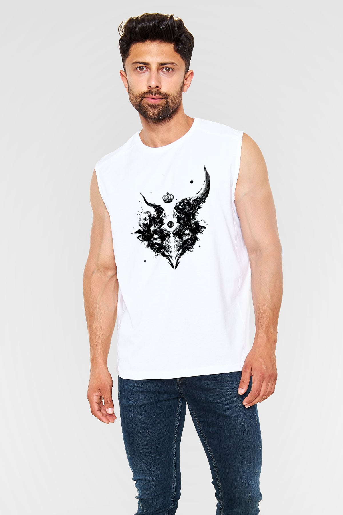 Karga Baskılı Beyaz Unisex Kolsuz Tişört - Tshirt