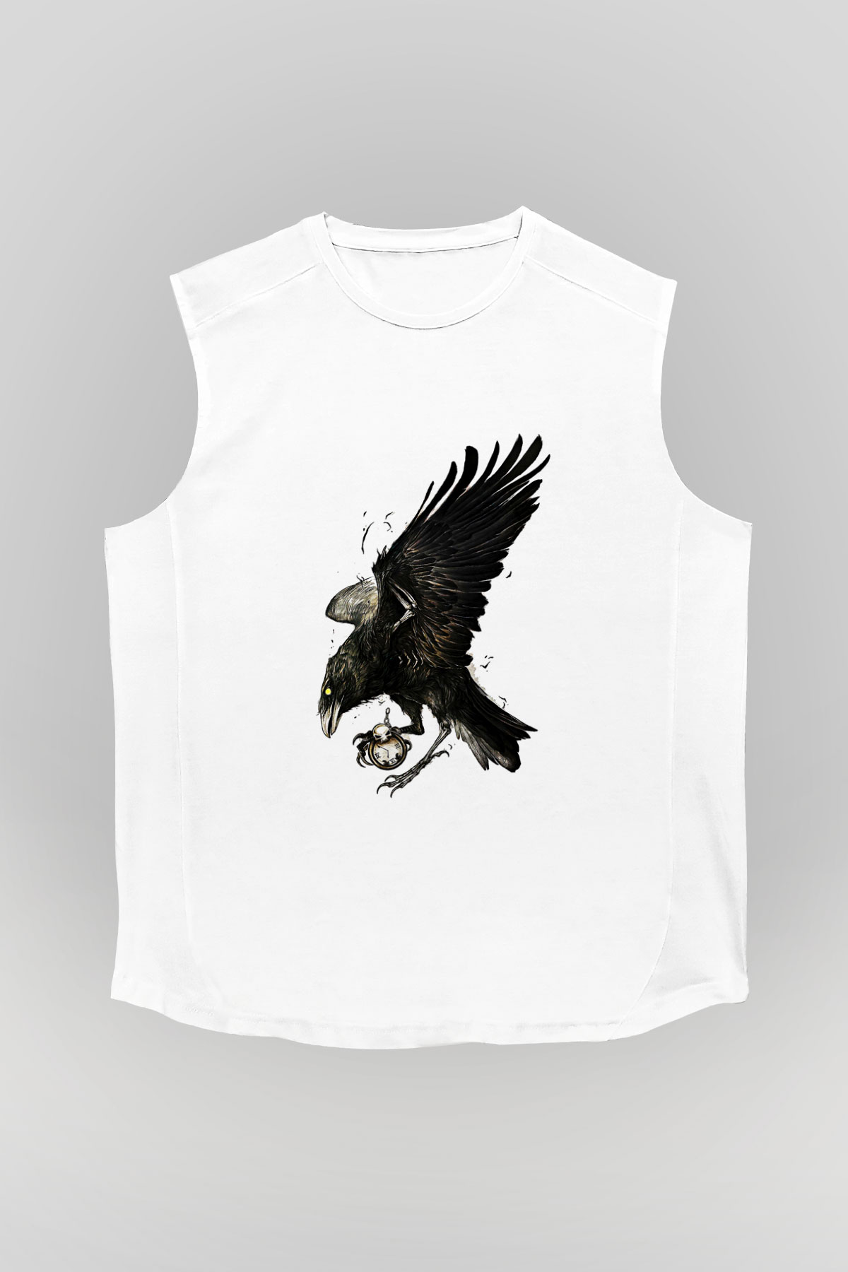 Karga Baskılı Beyaz Unisex Kolsuz Tişört - Tshirt