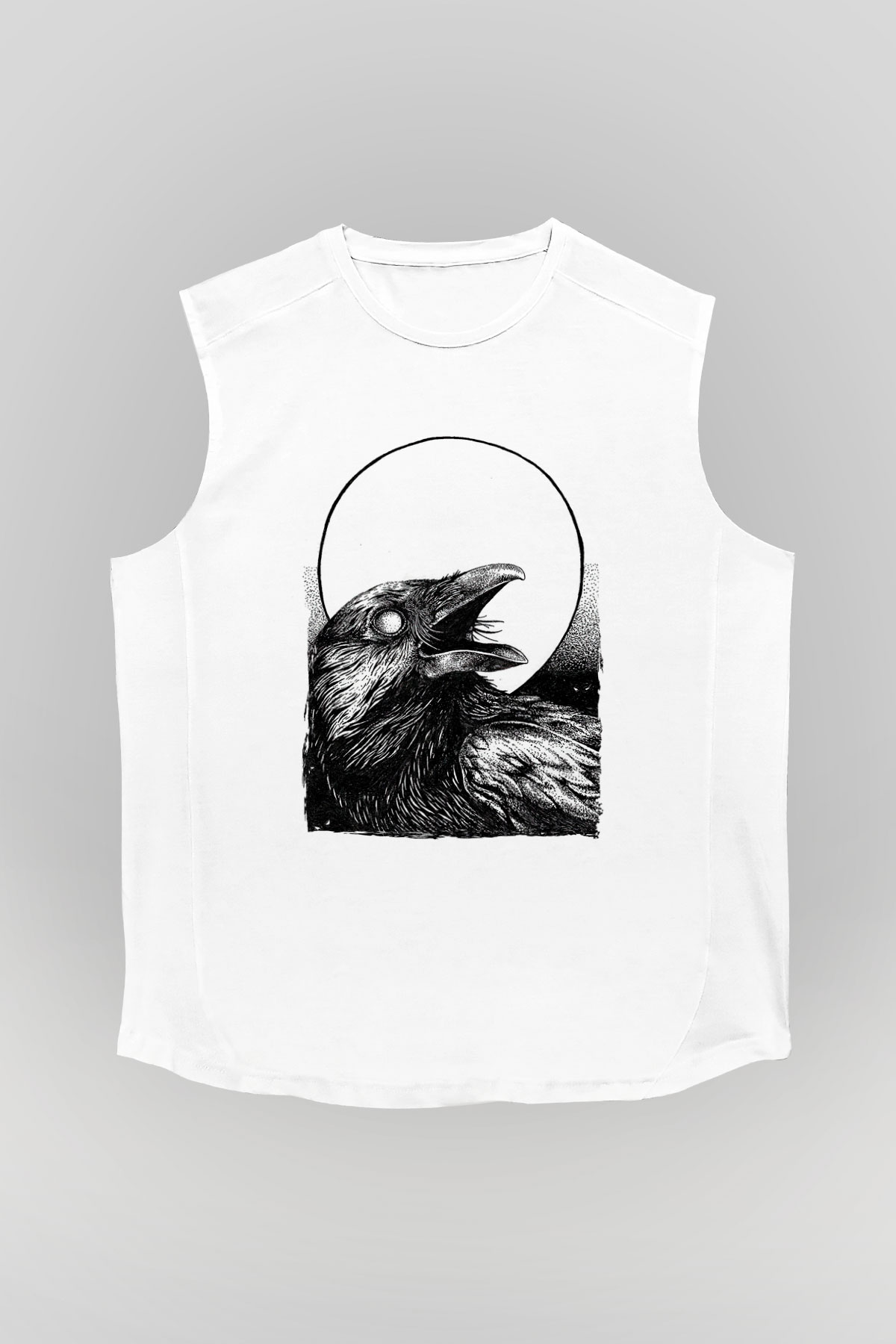 Karga Baskılı Beyaz Unisex Kolsuz Tişört - Tshirt