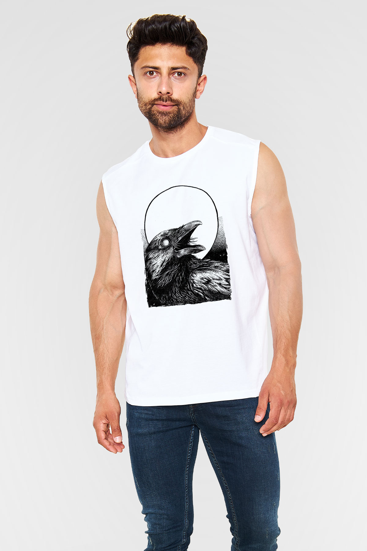 Karga Baskılı Beyaz Unisex Kolsuz Tişört - Tshirt