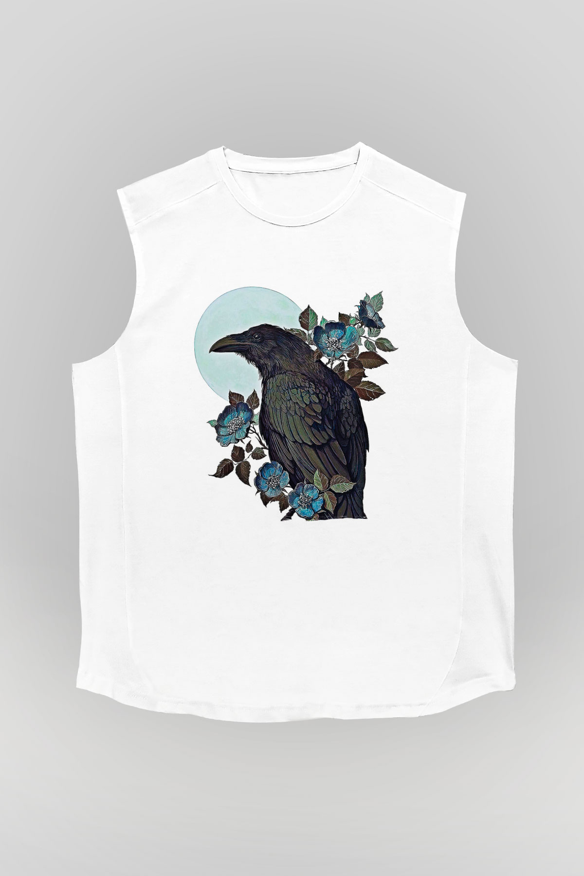 Karga Baskılı Beyaz Unisex Kolsuz Tişört - Tshirt