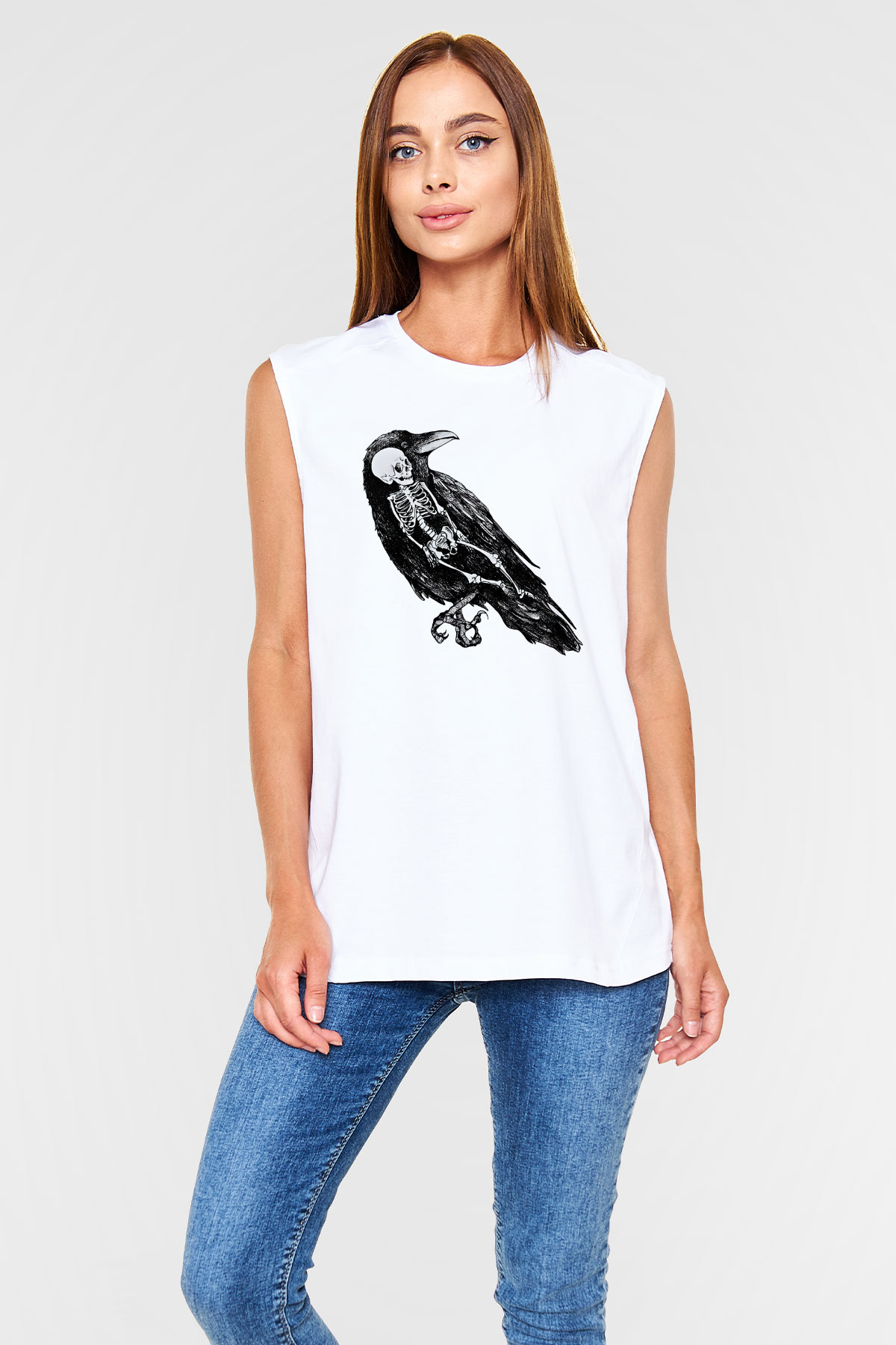 Karga Baskılı Beyaz Unisex Kolsuz Tişört - Tshirt