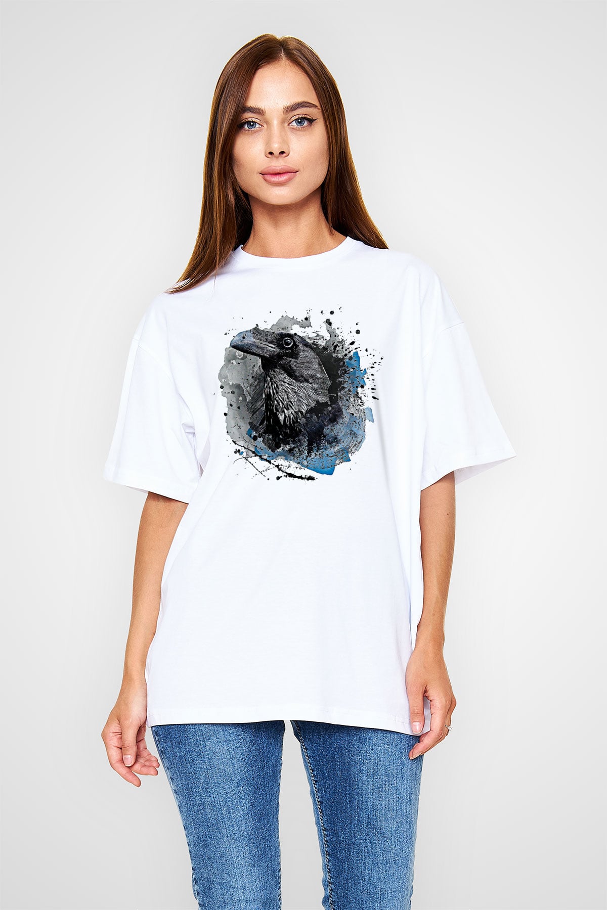 Karga Baskılı Beyaz Unisex Oversize Tişört - Tshirt
