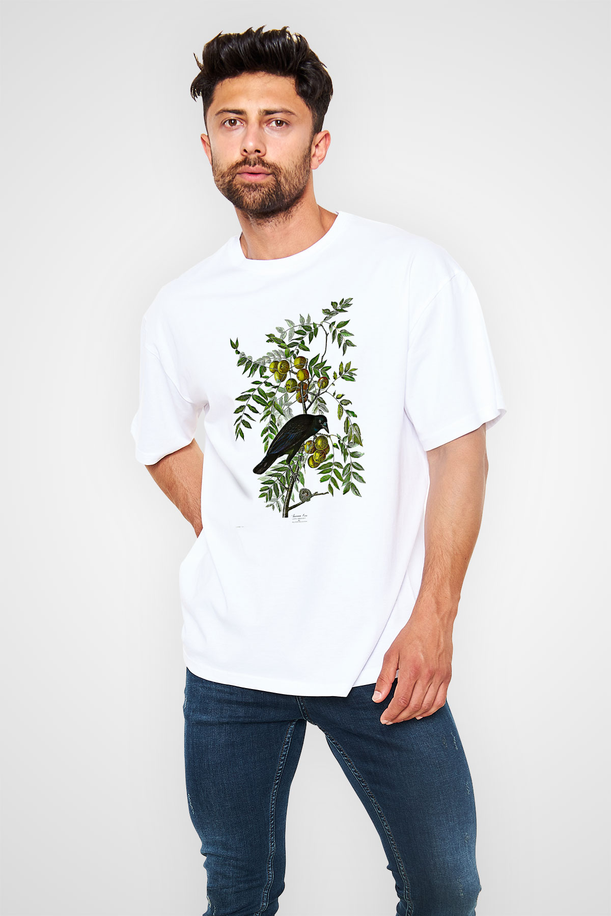 Karga Baskılı Beyaz Unisex Oversize Tişört - Tshirt