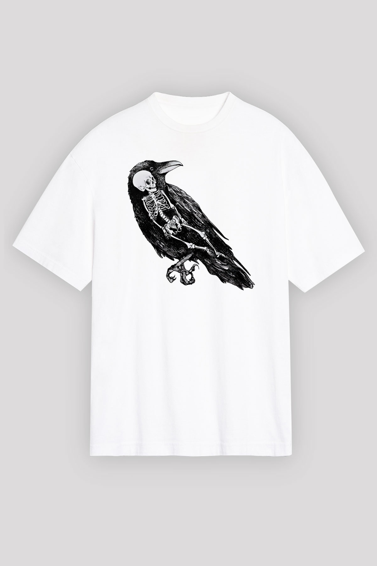 Karga Baskılı Beyaz Unisex Oversize Tişört - Tshirt