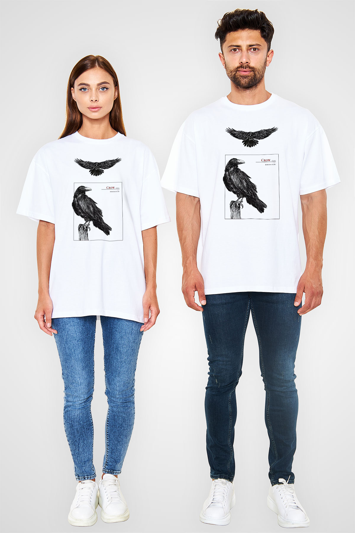 Karga Baskılı Beyaz Unisex Oversize Tişört - Tshirt