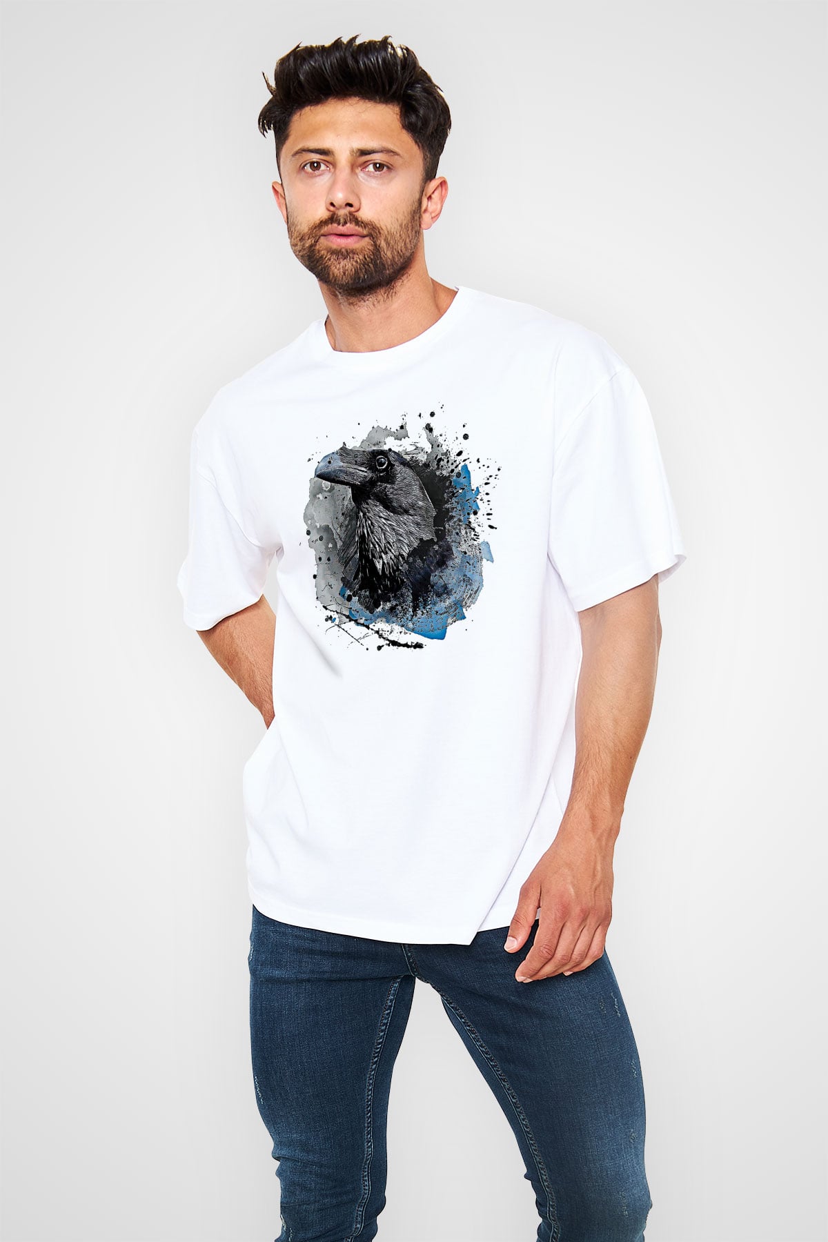 Karga Baskılı Beyaz Unisex Oversize Tişört - Tshirt