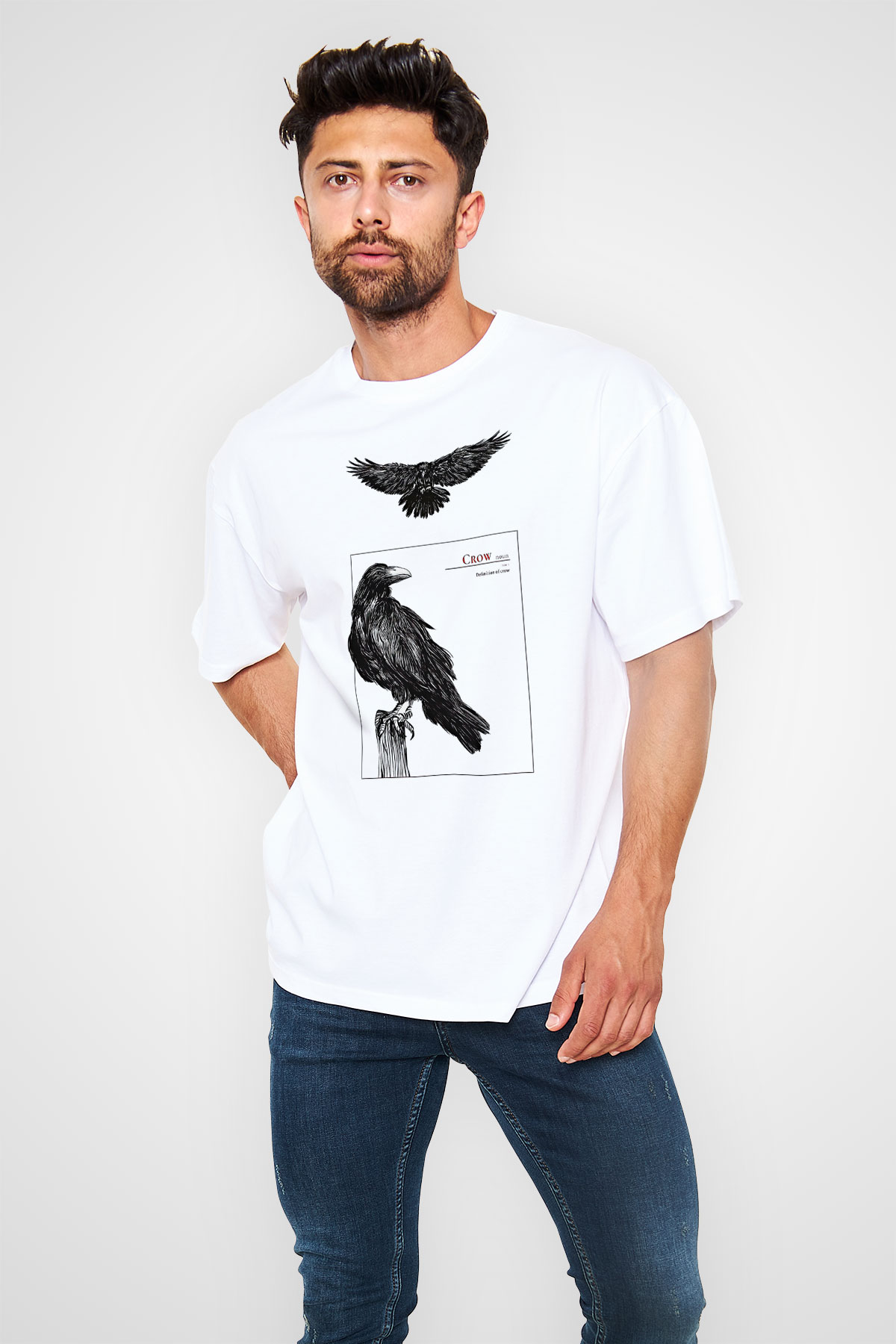 Karga Baskılı Beyaz Unisex Oversize Tişört - Tshirt
