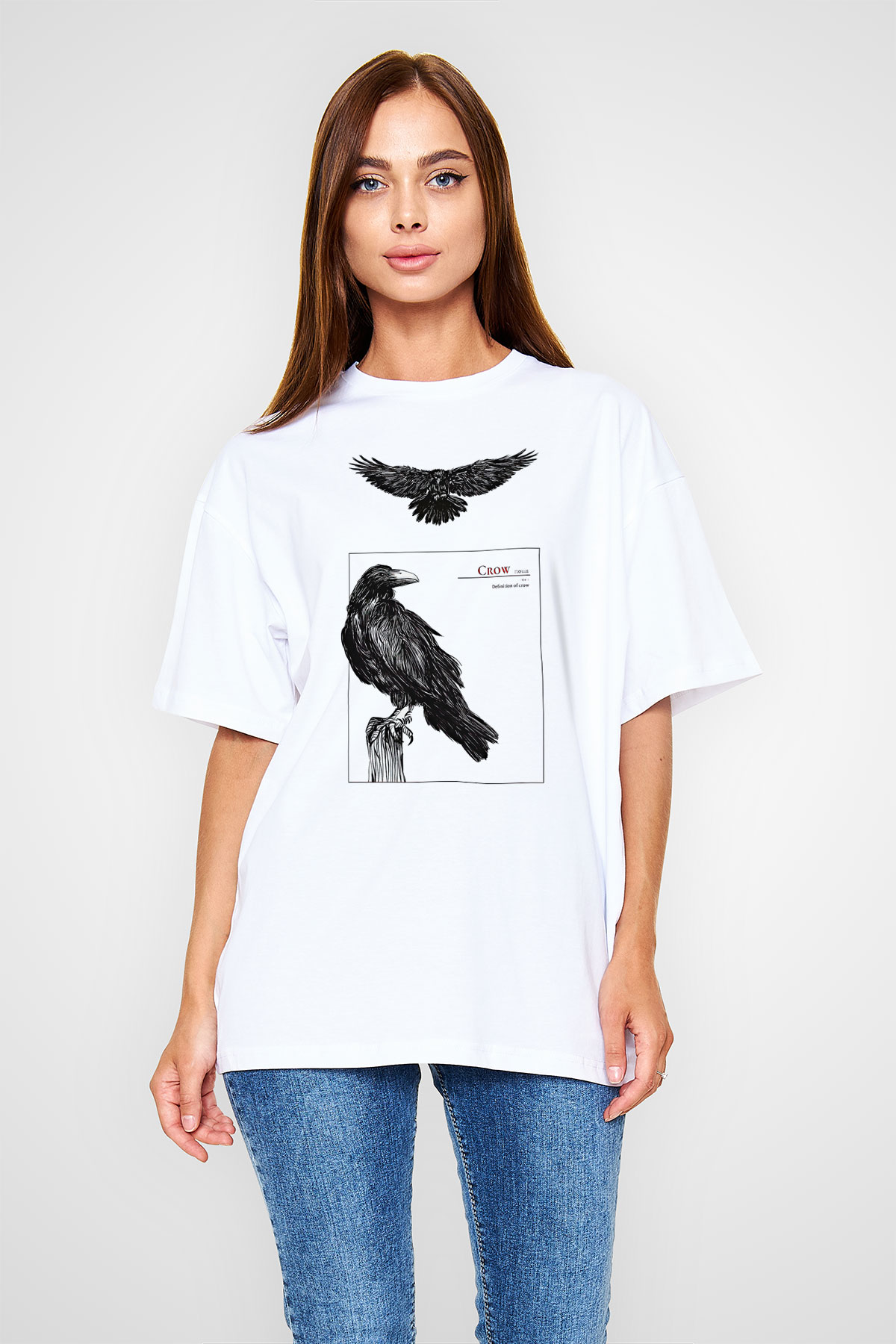 Karga Baskılı Beyaz Unisex Oversize Tişört - Tshirt