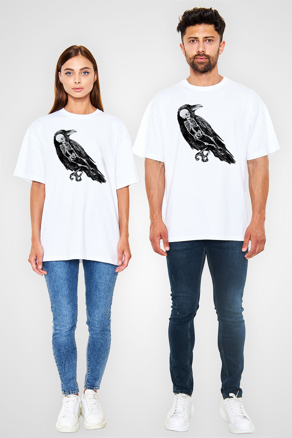 Karga Baskılı Beyaz Unisex Oversize Tişört - Tshirt