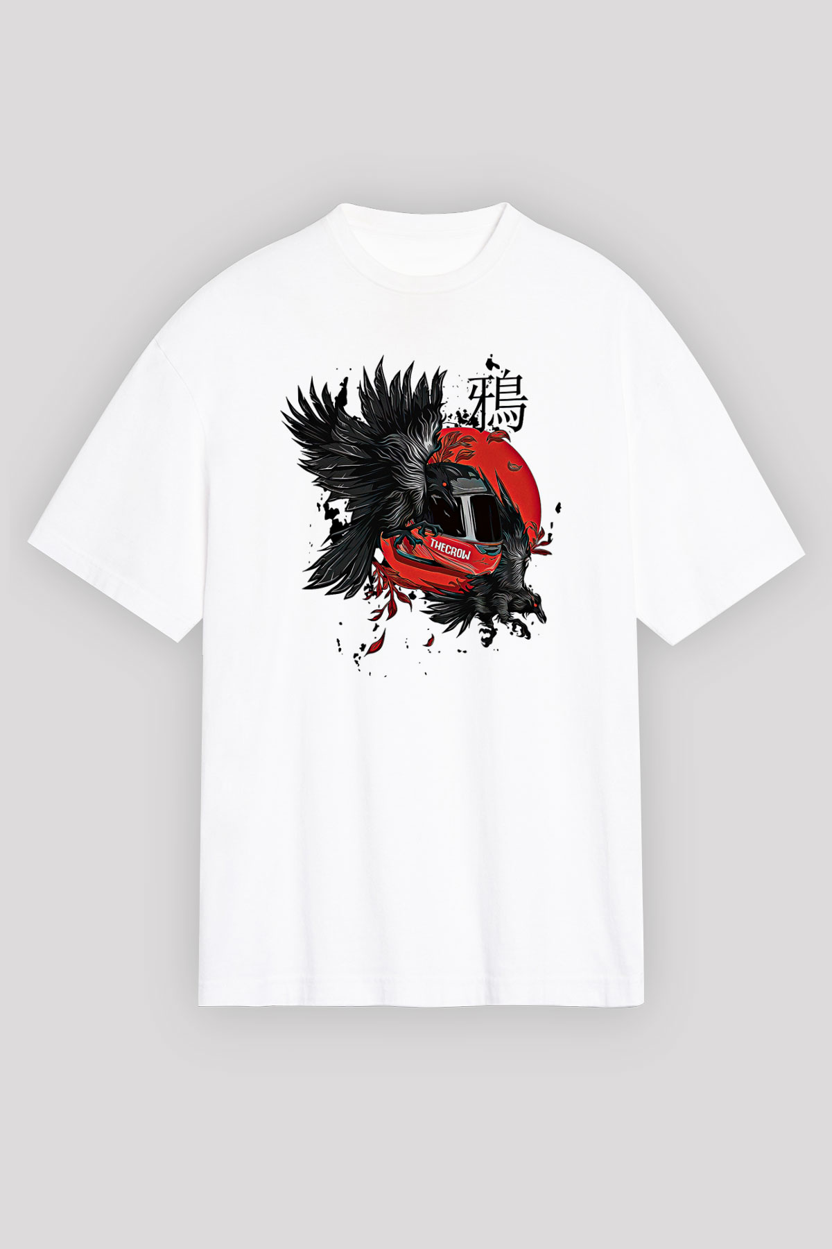 Karga Baskılı Beyaz Unisex Oversize Tişört - Tshirt