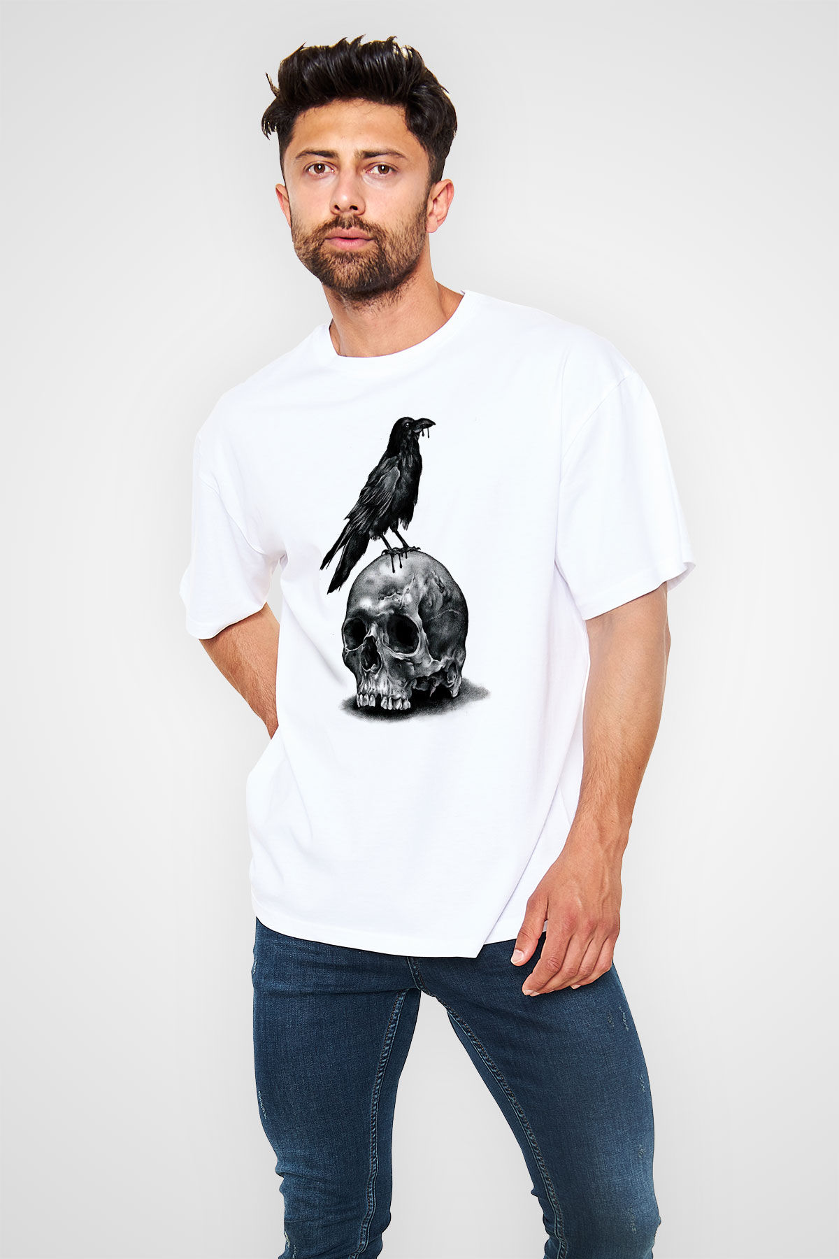 Karga Baskılı Beyaz Unisex Oversize Tişört - Tshirt