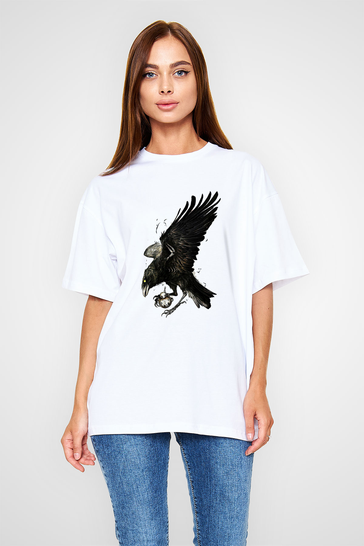 Karga Baskılı Beyaz Unisex Oversize Tişört - Tshirt