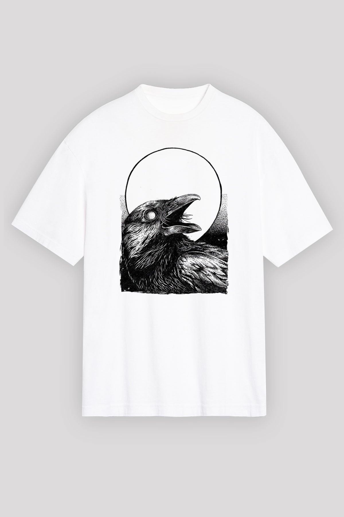 Karga Baskılı Beyaz Unisex Oversize Tişört - Tshirt