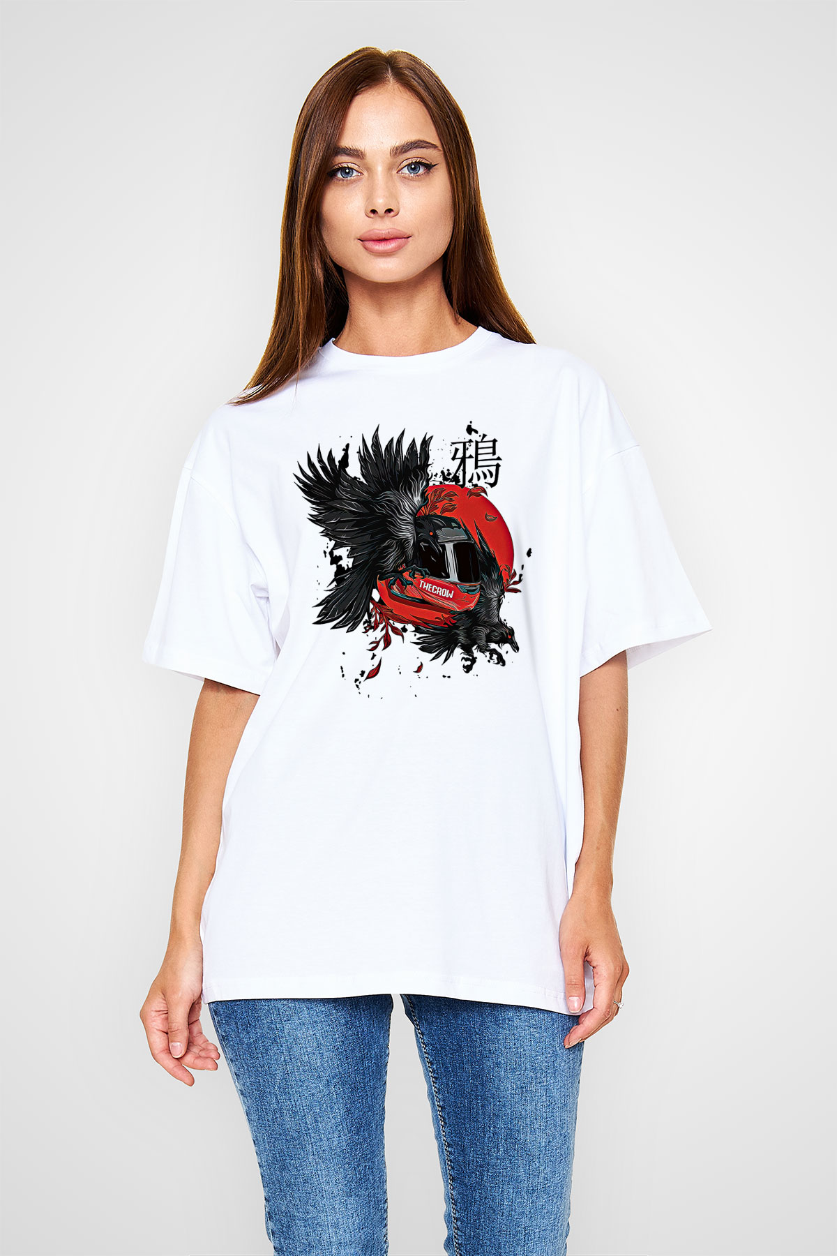 Karga Baskılı Beyaz Unisex Oversize Tişört - Tshirt