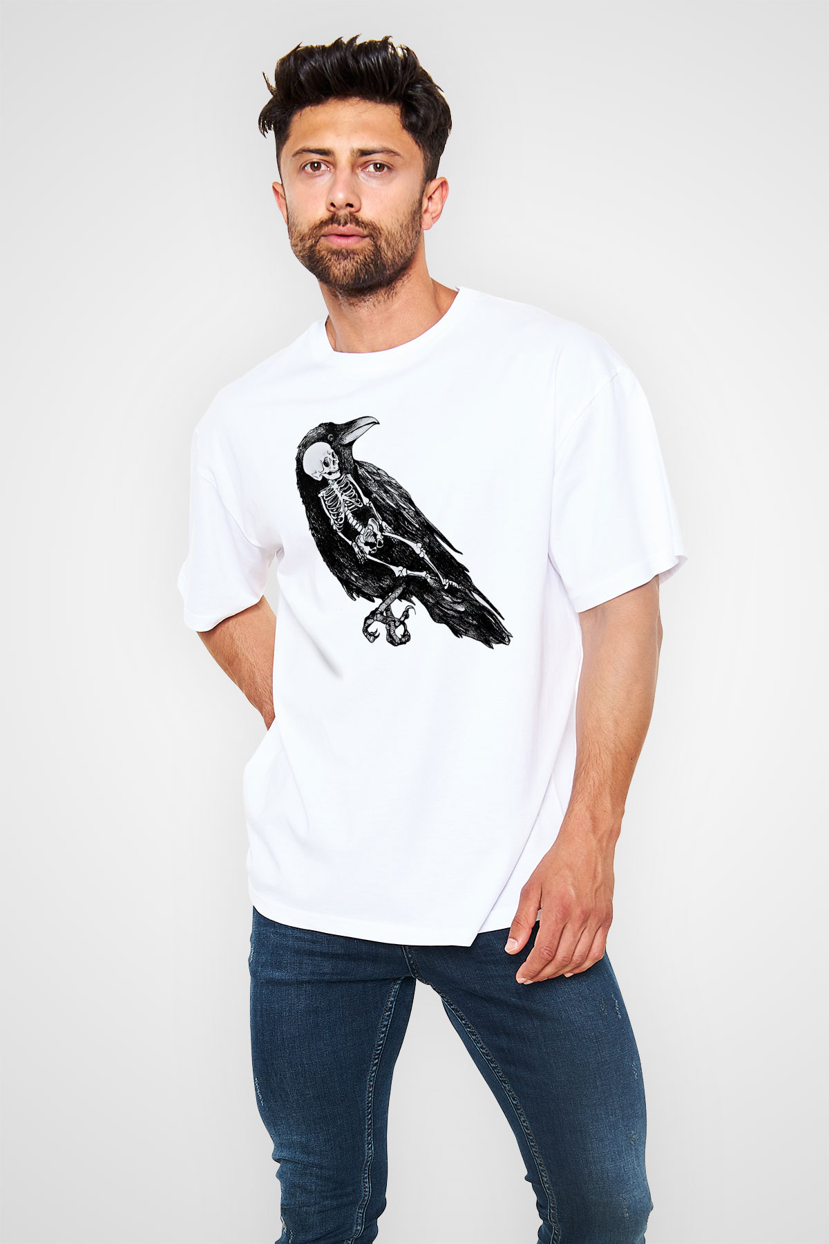 Karga Baskılı Beyaz Unisex Oversize Tişört - Tshirt
