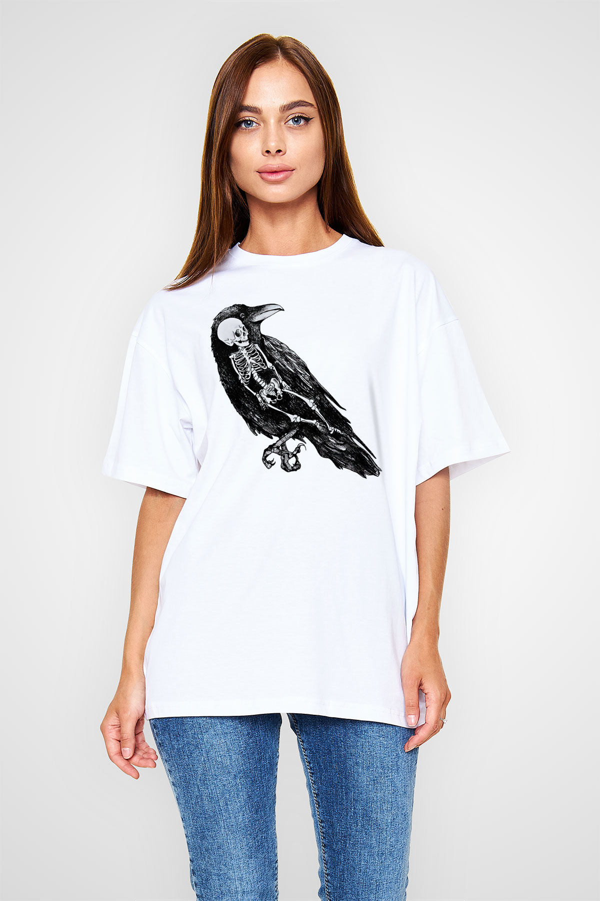 Karga Baskılı Beyaz Unisex Oversize Tişört - Tshirt
