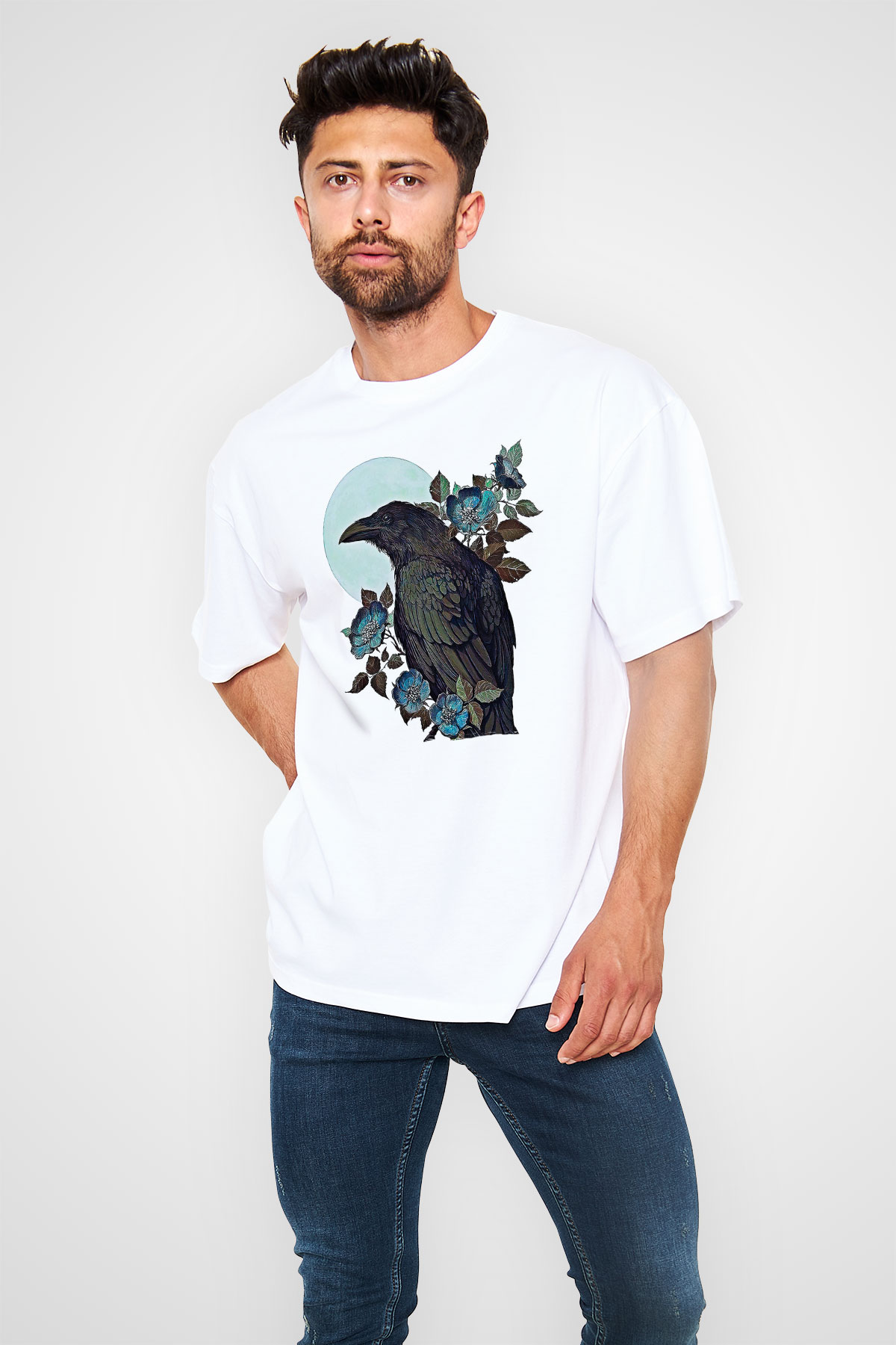 Karga Baskılı Beyaz Unisex Oversize Tişört - Tshirt