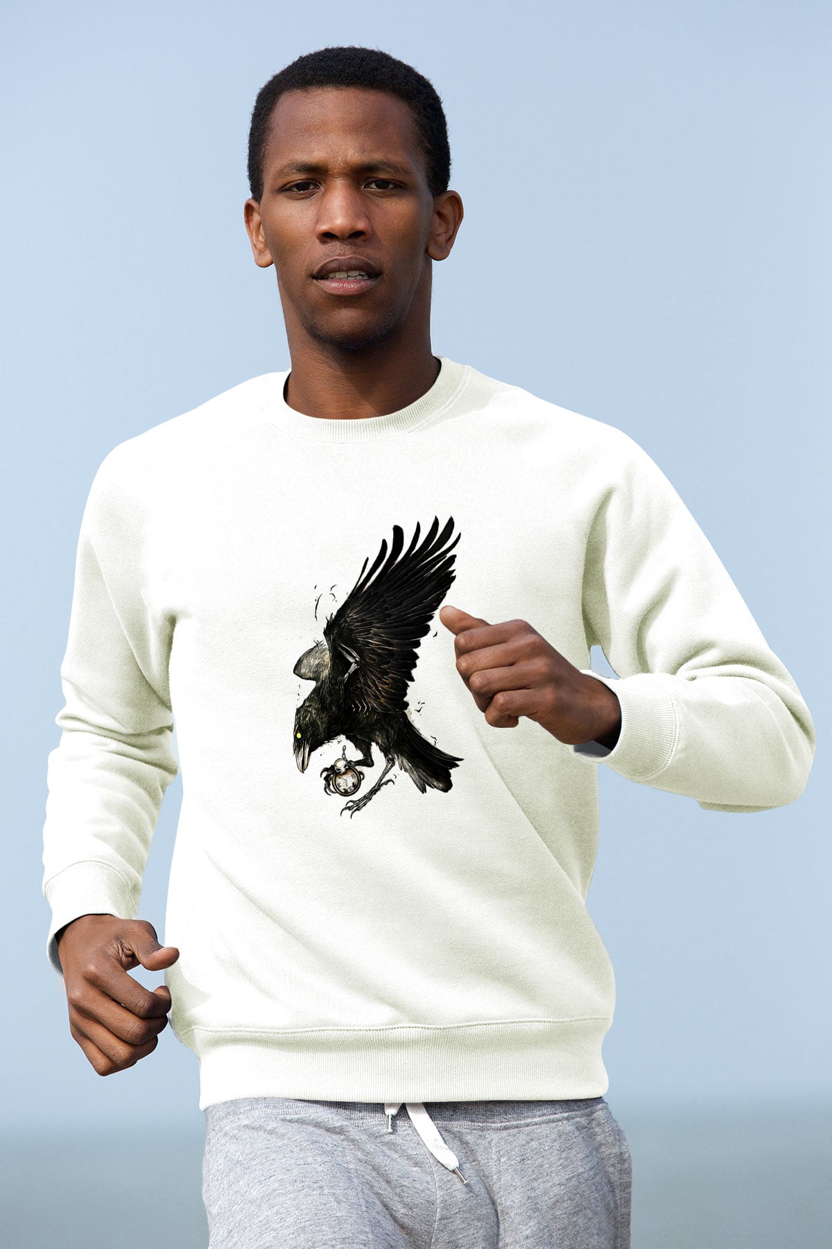 Karga Baskılı Beyaz Unisex Sweatshirt