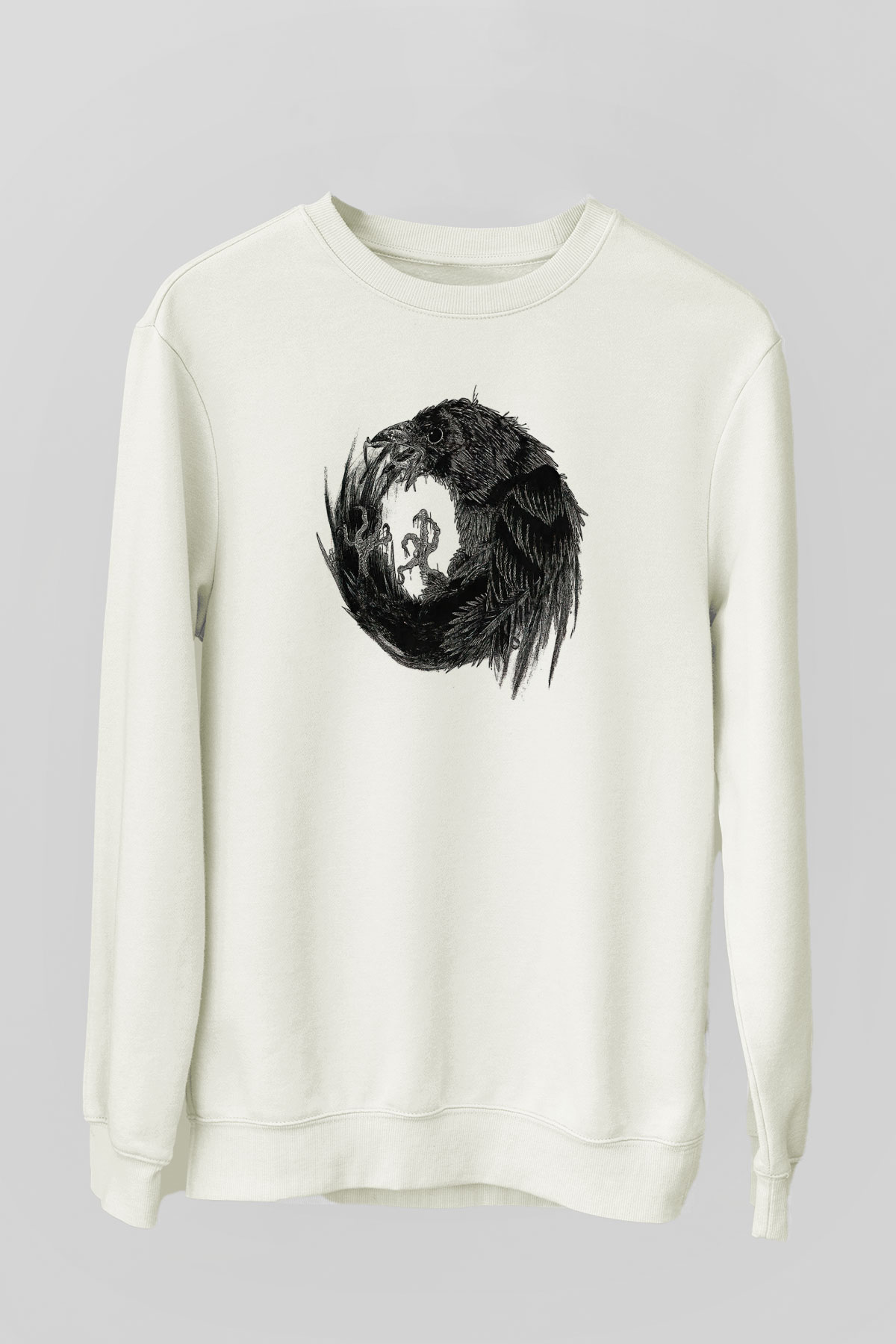 Karga Baskılı Beyaz Unisex Sweatshirt