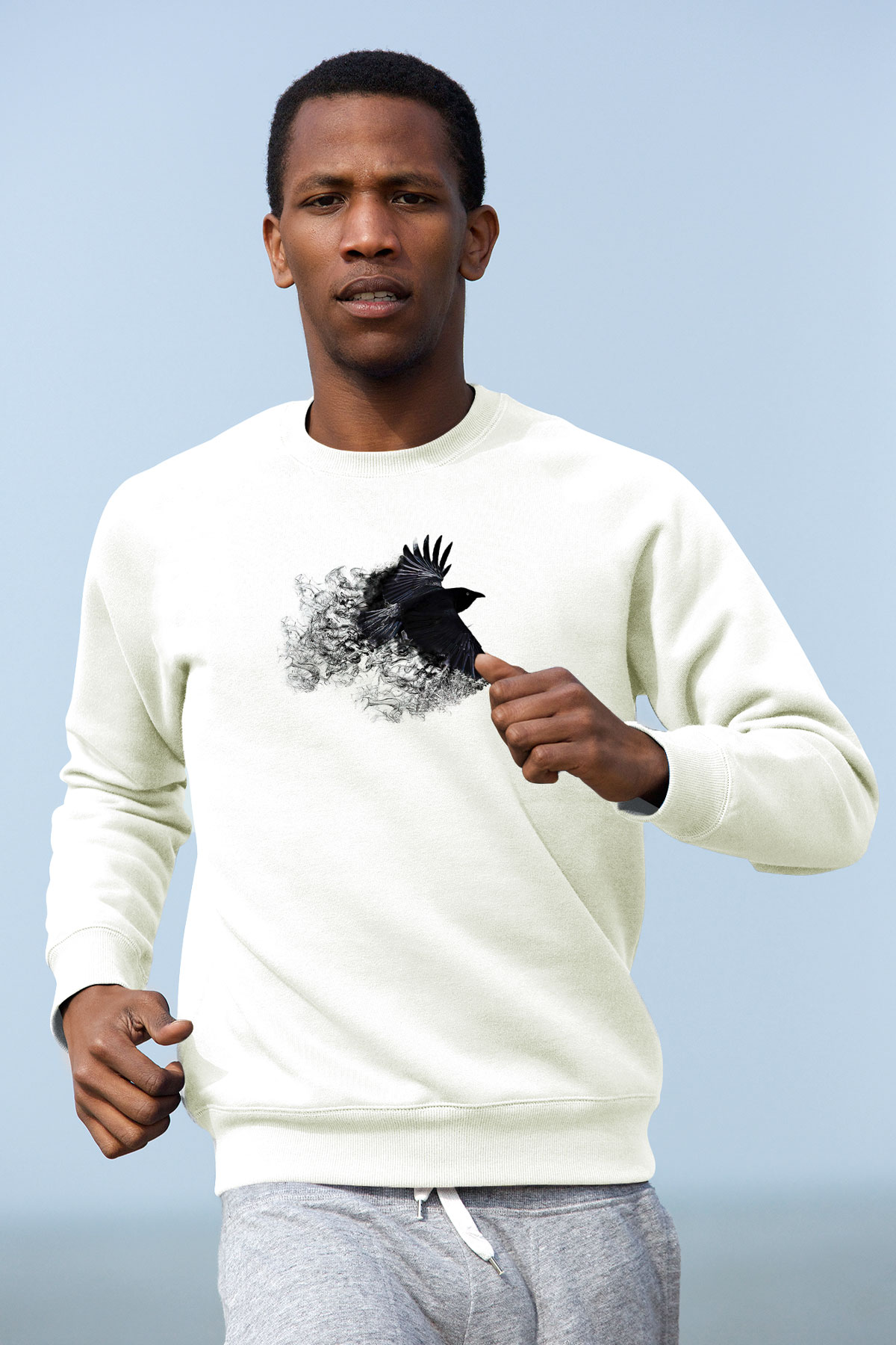 Karga Baskılı Beyaz Unisex Sweatshirt