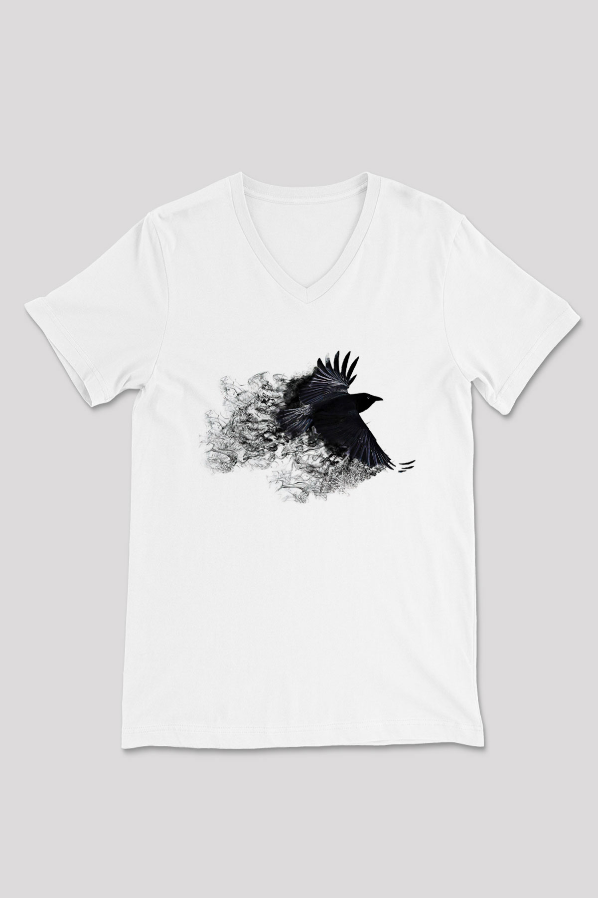 Karga Baskılı Beyaz Unisex V Yaka Tişört - Tshirt