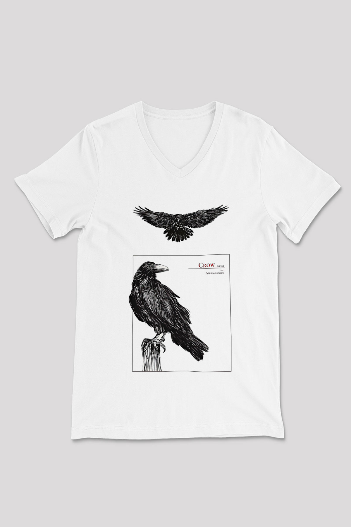 Karga Baskılı Beyaz Unisex V Yaka Tişört - Tshirt